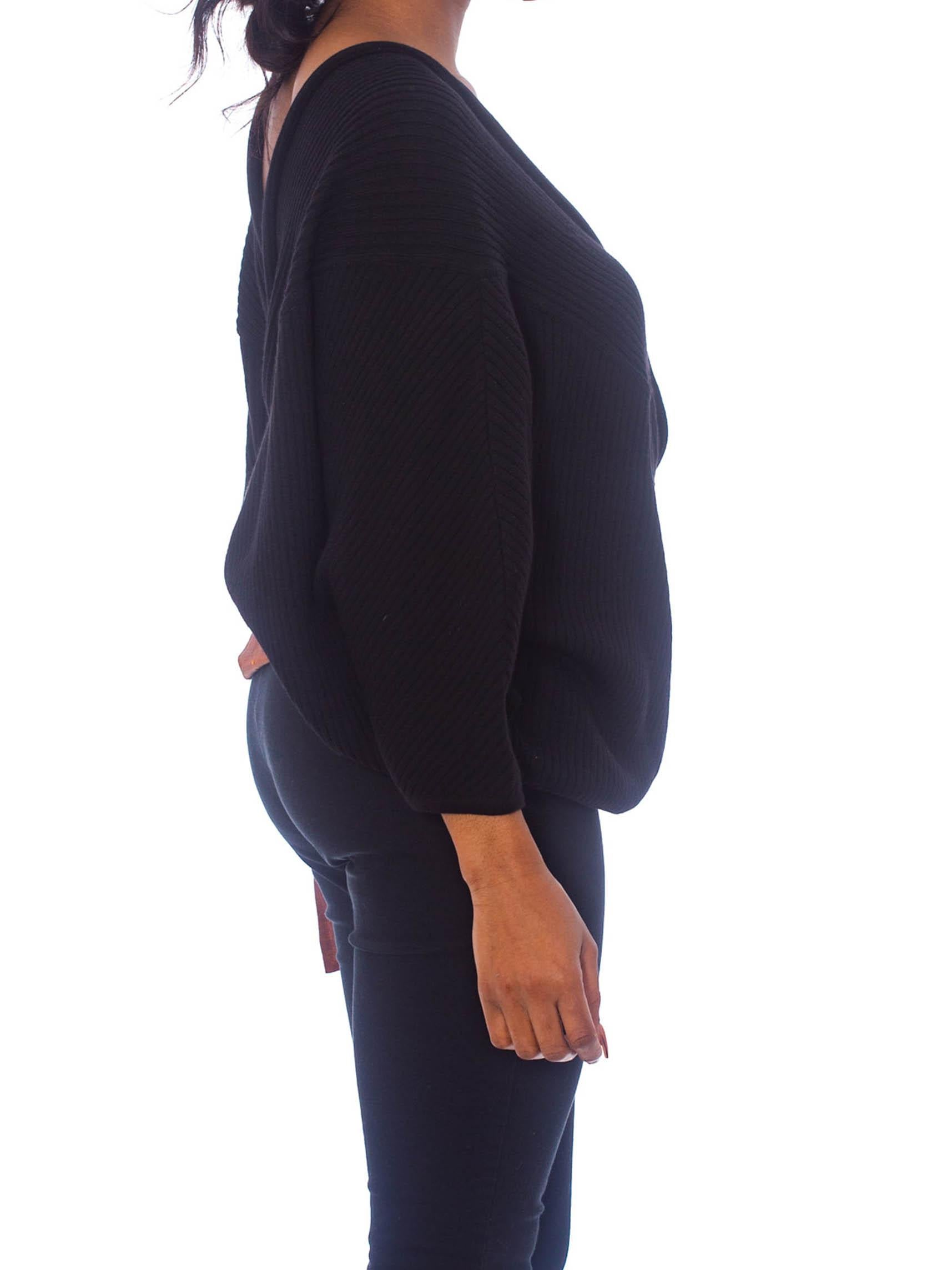 1980S GIANFRANCO FERRE Black Wool Knit Ribbed Wrap Sweater Top With Silk Taffet For Sale 2