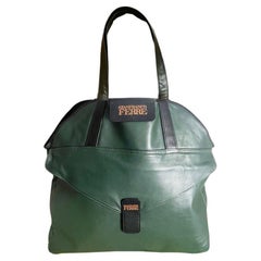 1980s Gianfranco Ferre Green Leather Shoulder Travel Cabin Tote Bag