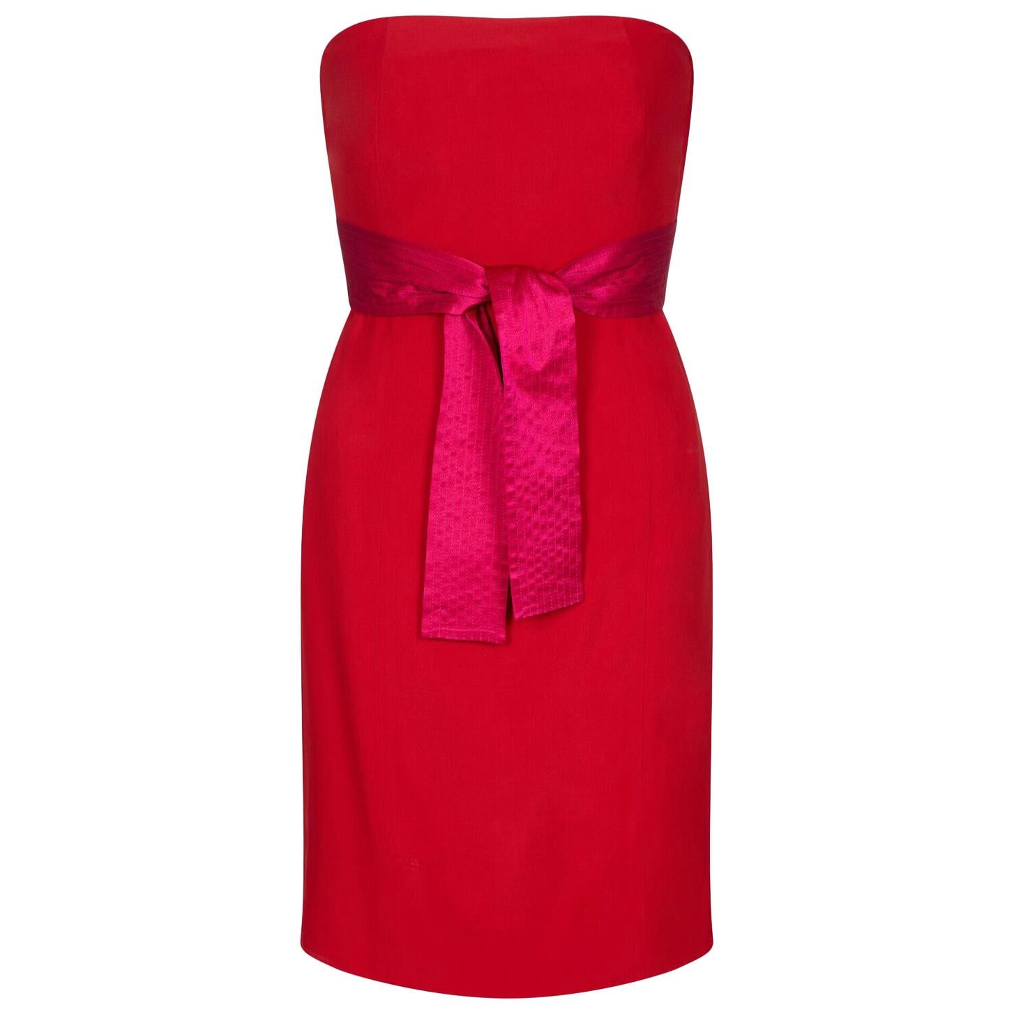1980s Gianfranco Ferre Red Cocktail Dress With Pink Fan Detail For Sale
