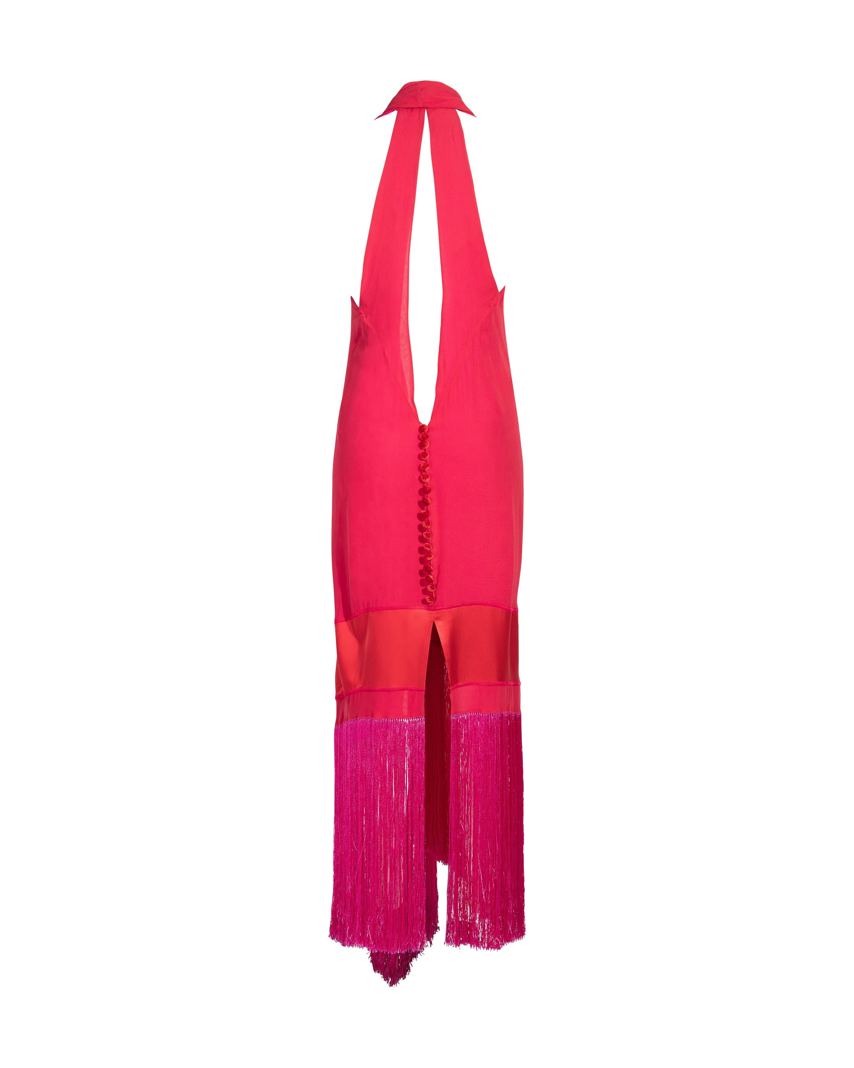 1980's Gianfranco Ferre Red Silk Midi Dress with Hot Pink Fringe In Good Condition For Sale In North Hollywood, CA