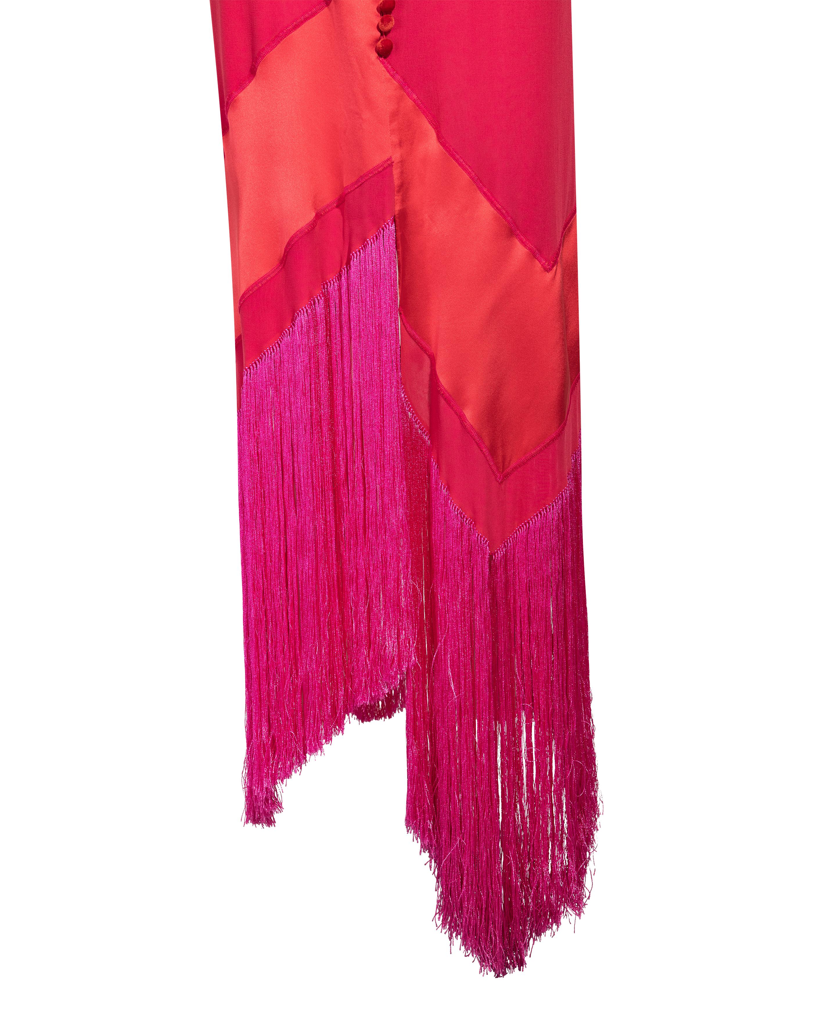 1980's Gianfranco Ferre Red Silk Midi Dress with Hot Pink Fringe For Sale 1