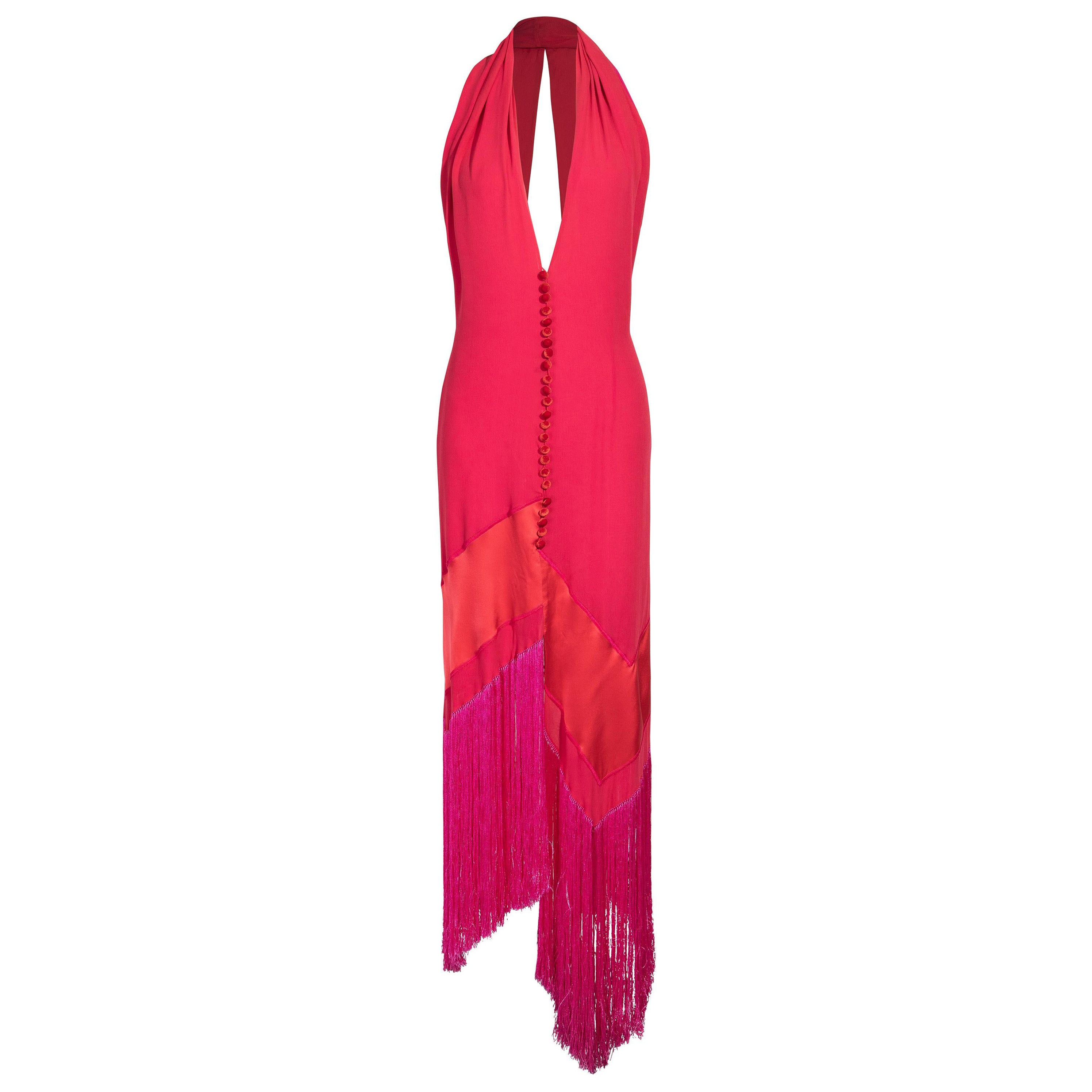1980's Gianfranco Ferre Red Silk Midi Dress with Hot Pink Fringe