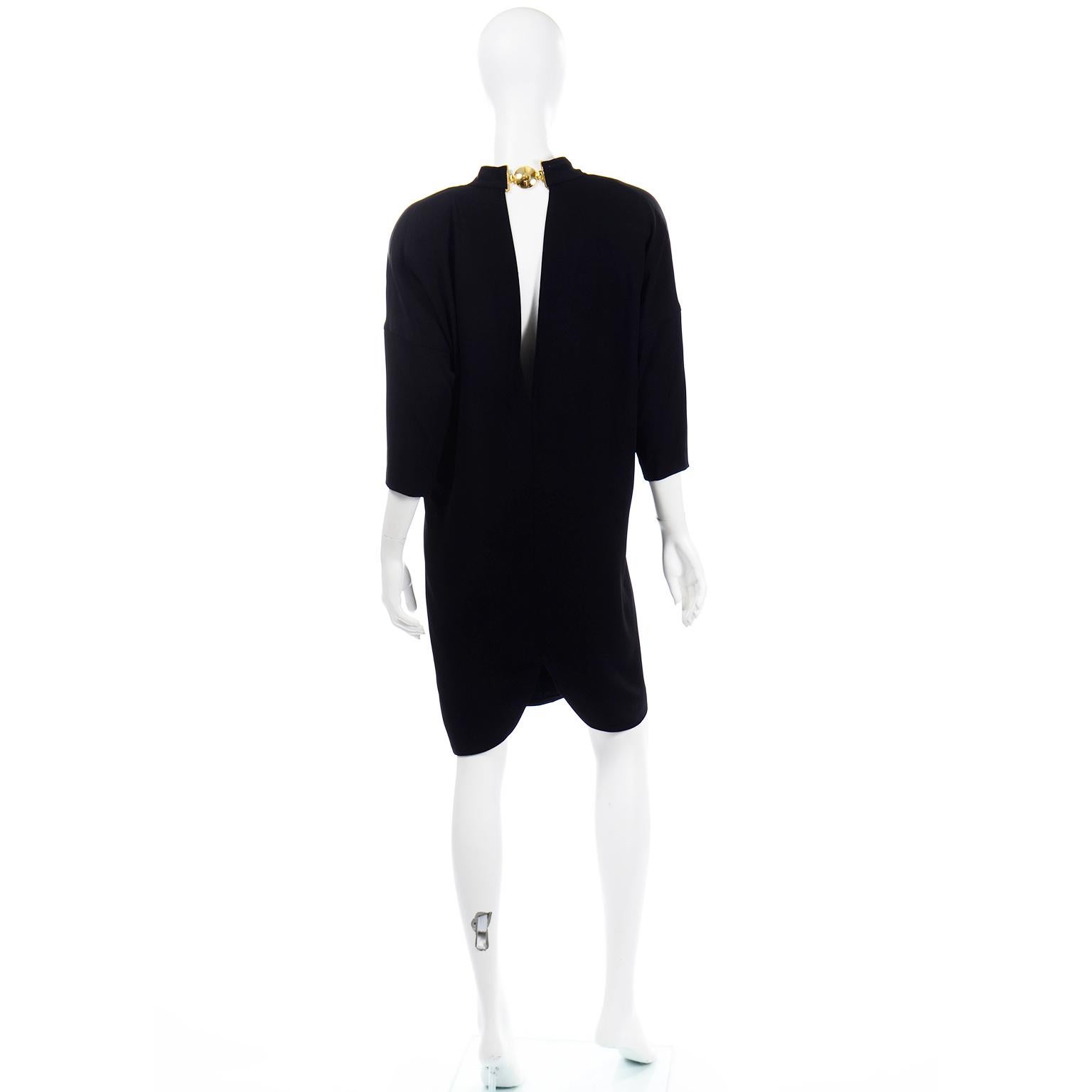 Women's 1980s Gianfranco Ferre Vintage Black Crepe Dress with Low V Back & Gold Buckle For Sale