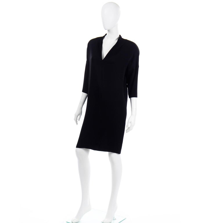 1980s Gianfranco Ferre Vintage Black Crepe Dress with Low V Back & Gold Buckle For Sale 1