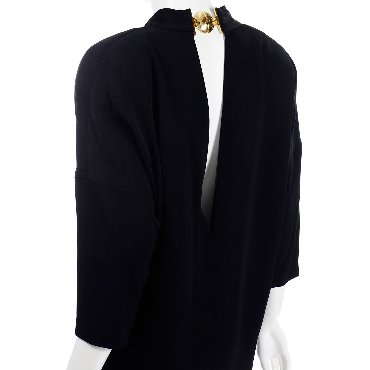 1980s Gianfranco Ferre Vintage Black Crepe Dress with Low V Back & Gold Buckle For Sale 2