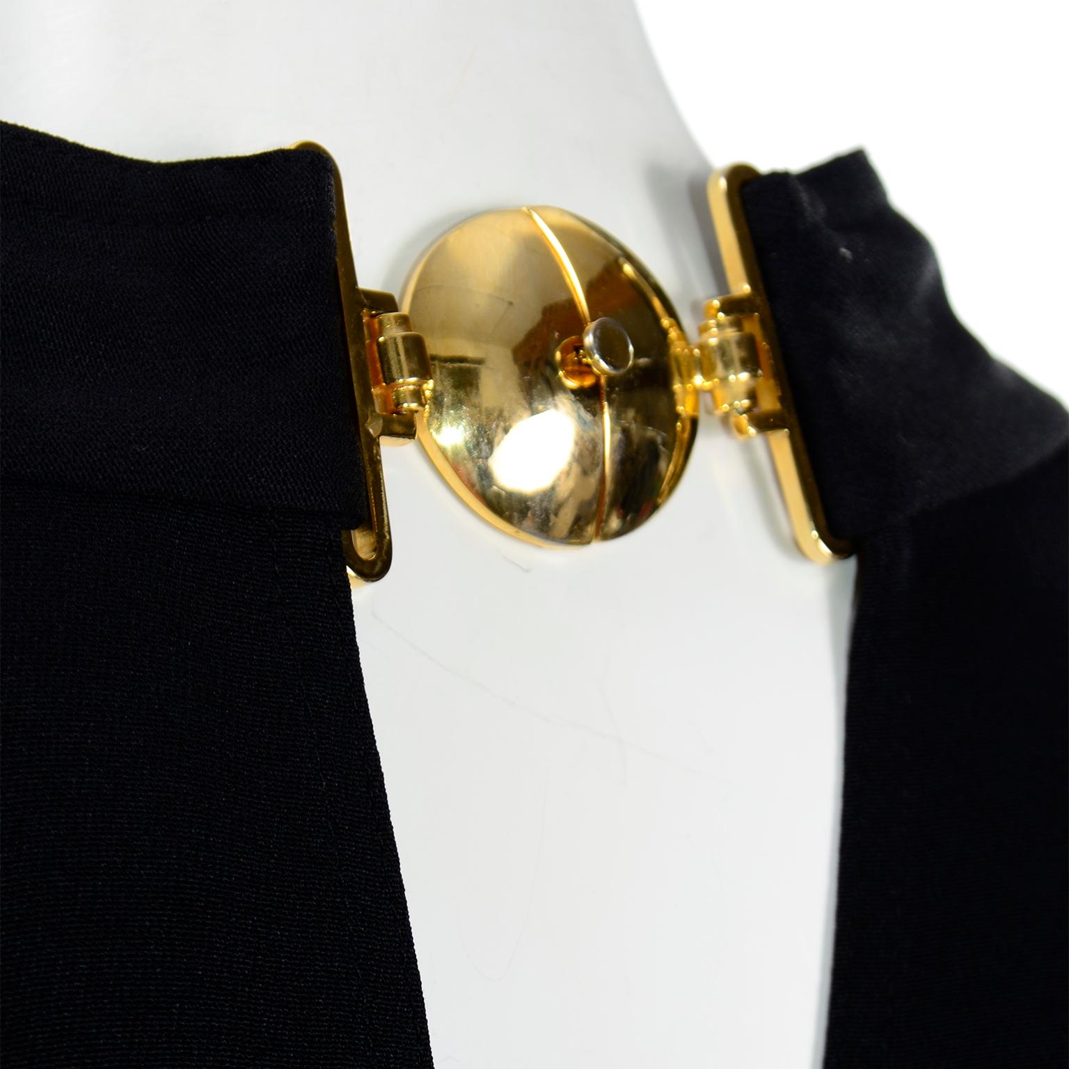 1980s Gianfranco Ferre Vintage Black Crepe Dress with Low V Back & Gold Buckle For Sale 3