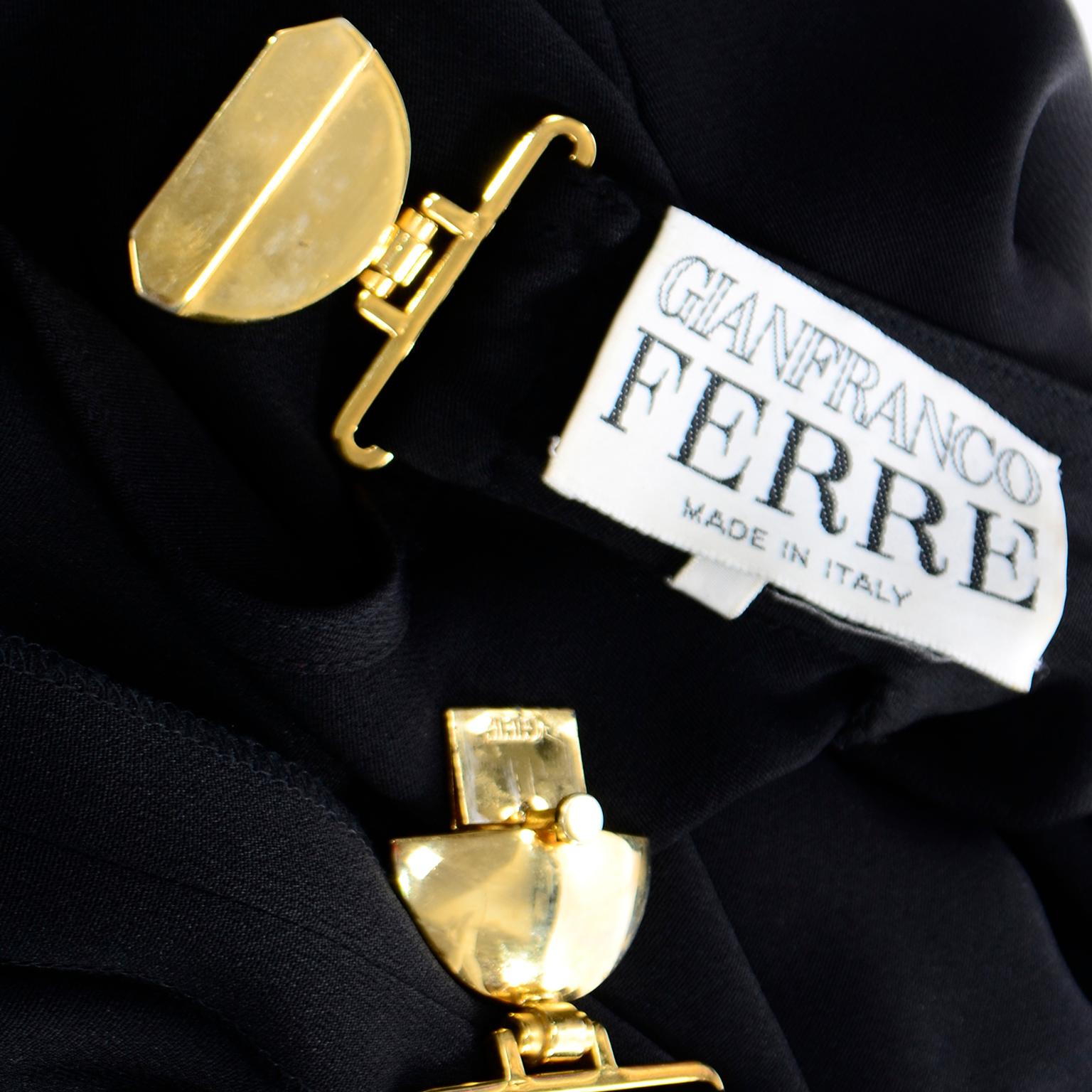 1980s Gianfranco Ferre Vintage Black Crepe Dress with Low V Back & Gold Buckle For Sale 4