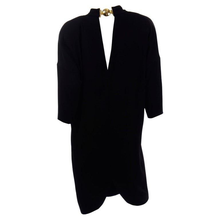 1980s Gianfranco Ferre Vintage Black Crepe Dress with Low V Back & Gold Buckle For Sale
