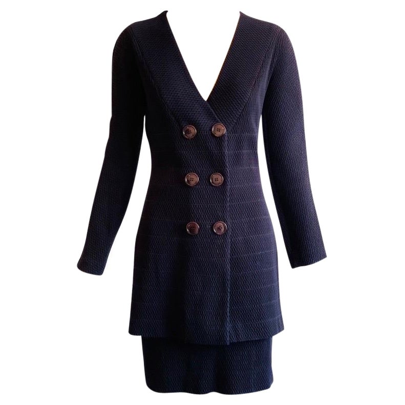 1980er Gianfranco Ferre Waffle Marineblaues Anzug-Set mit Rock und Rock