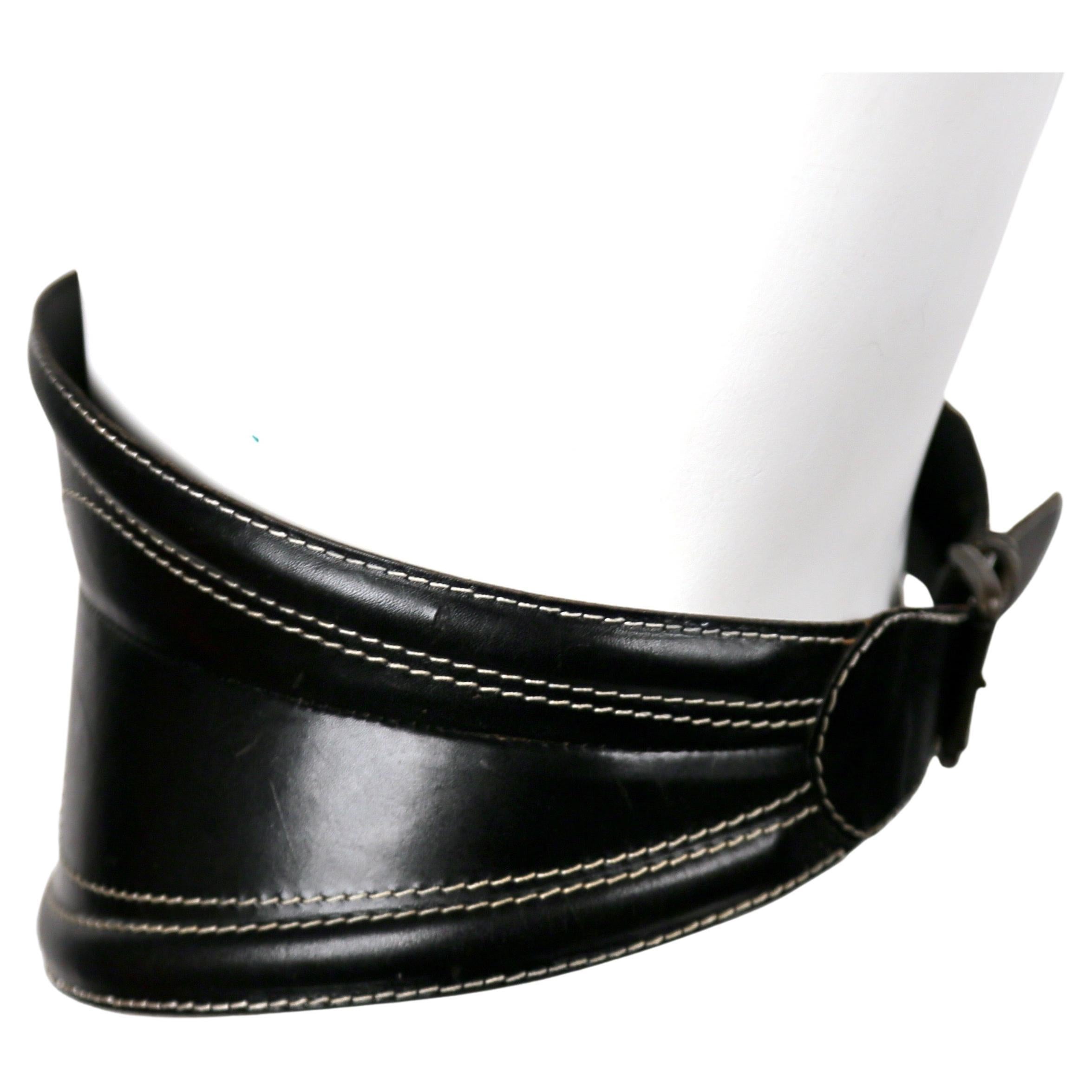 Black 1980's GIANFRANCO FERRE wide black leather belt with top-stitching For Sale