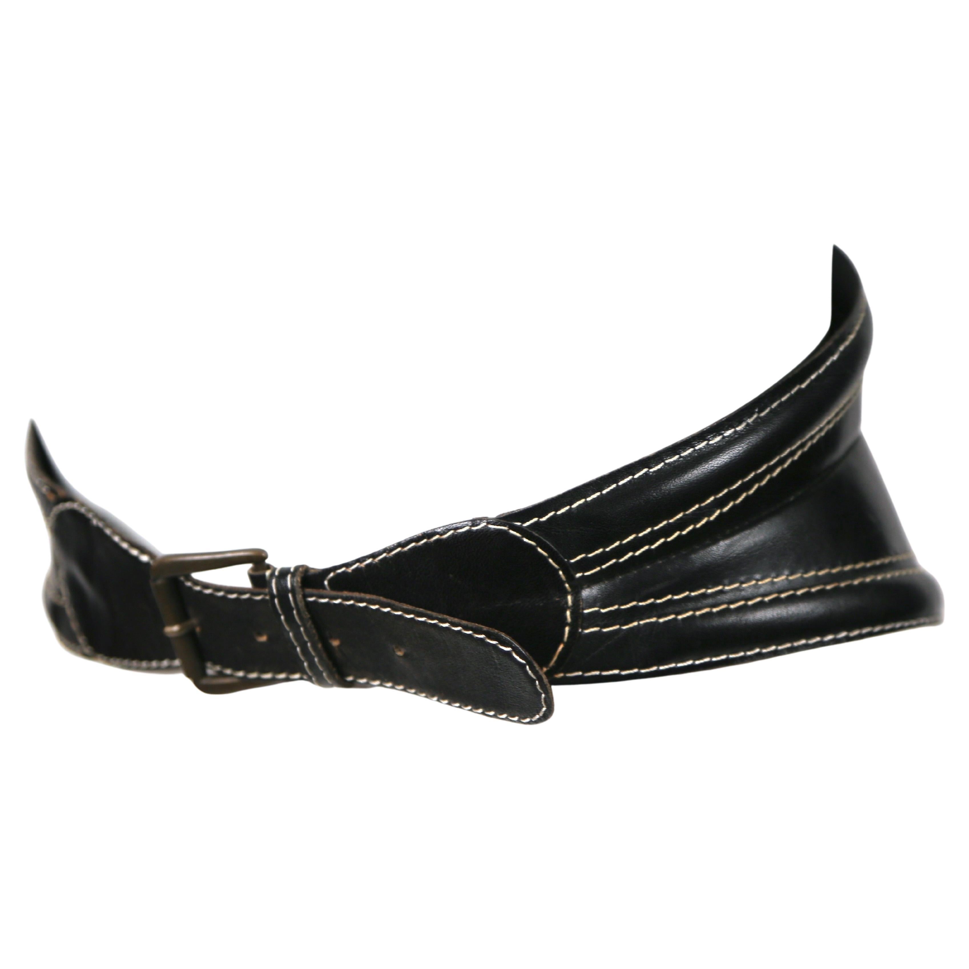 Women's or Men's 1980's GIANFRANCO FERRE wide black leather belt with top-stitching For Sale