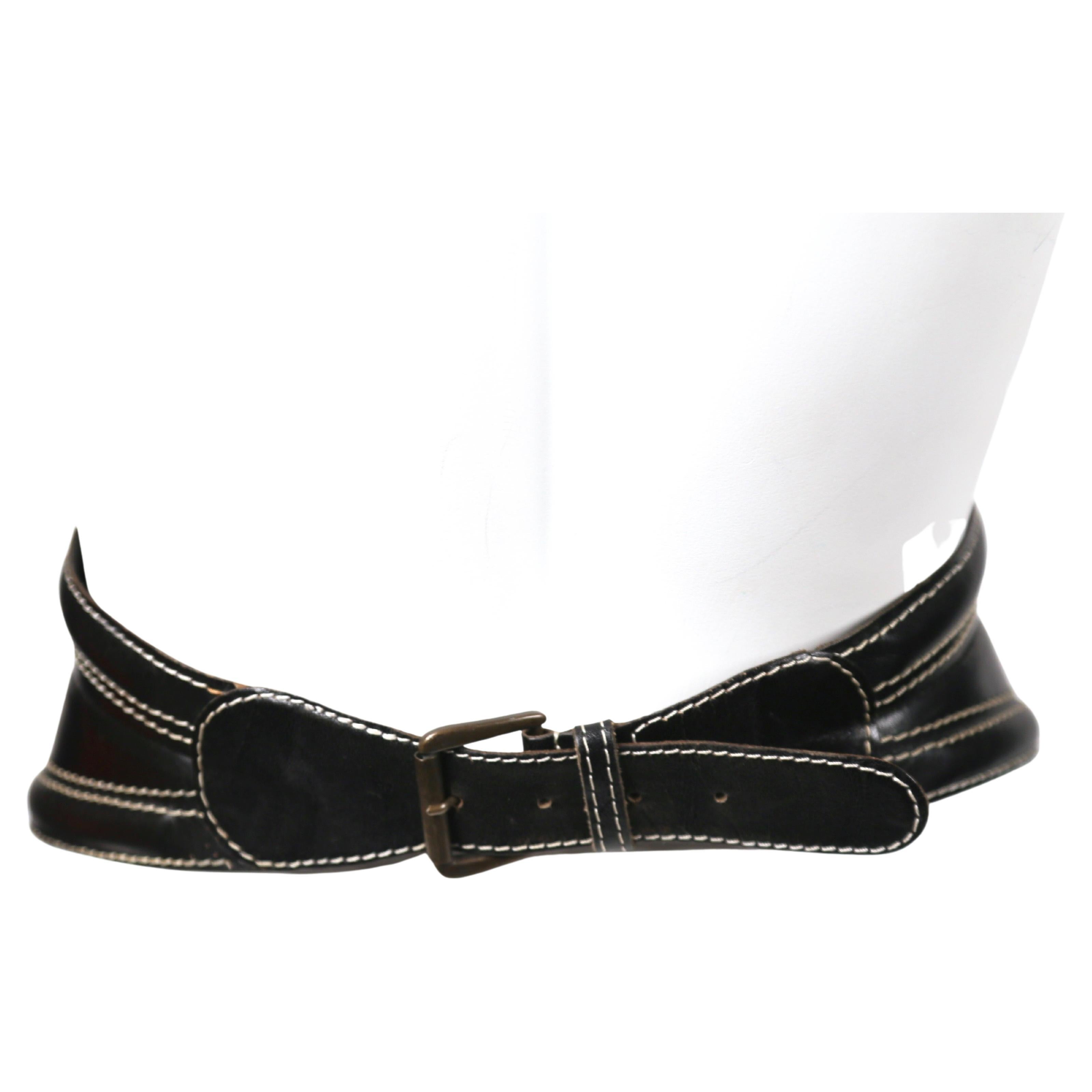 1980's GIANFRANCO FERRE wide black leather belt with top-stitching For Sale 1