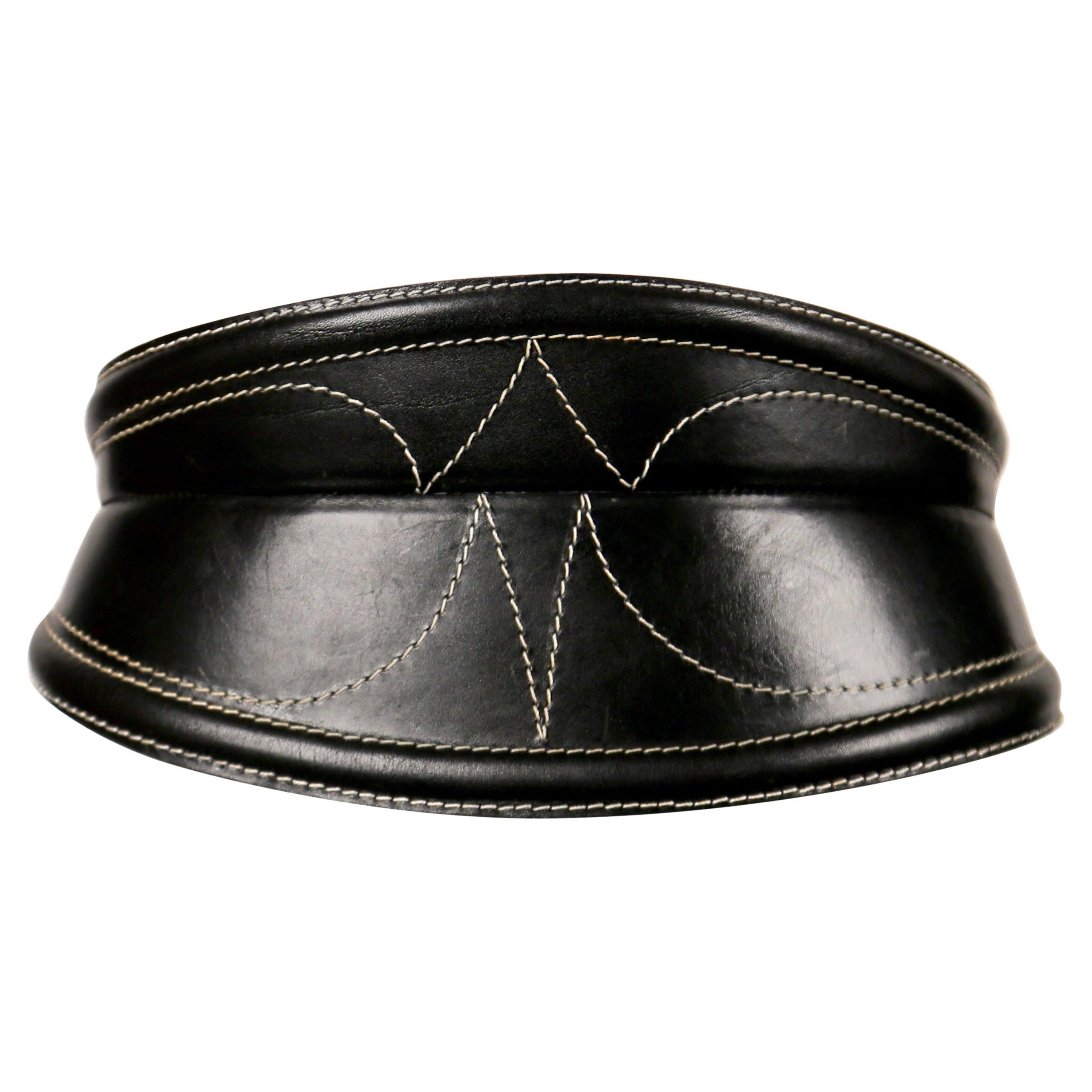 1980's GIANFRANCO FERRE wide black leather belt with top-stitching For Sale