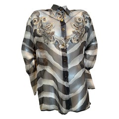 1980s Gianfranco Ferré Zebra Stripe Silk Chiffon Blouse w Embroidered Net Yoke