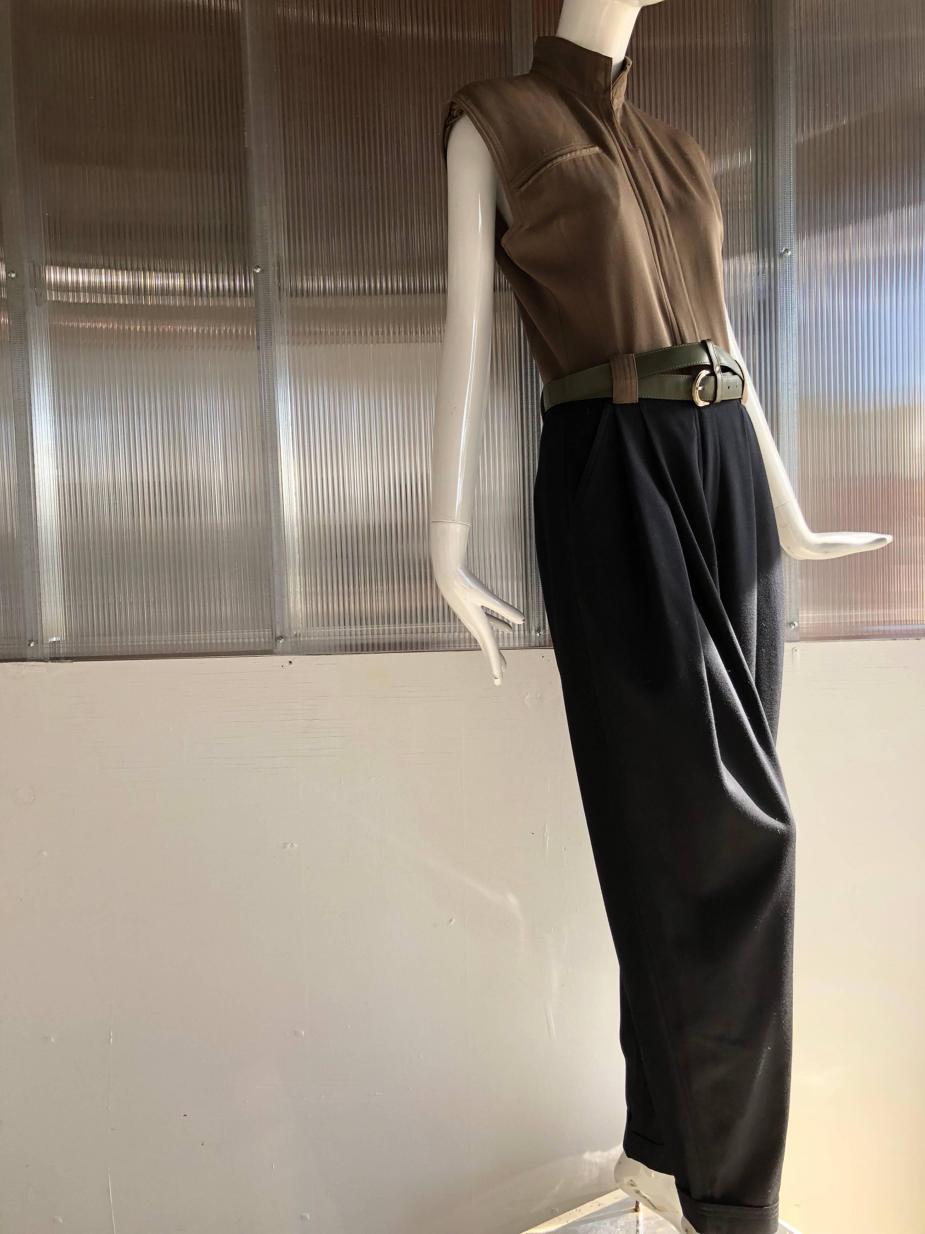 1980s Gianni Versace 2-Tone Gabardine Jumpsuit W/ Pleated Pants and Nehru Collar In Excellent Condition In Gresham, OR