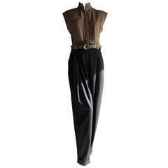 Vintage 1980s Gianni Versace 2-Tone Gabardine Jumpsuit W/ Pleated Pants and Nehru Collar