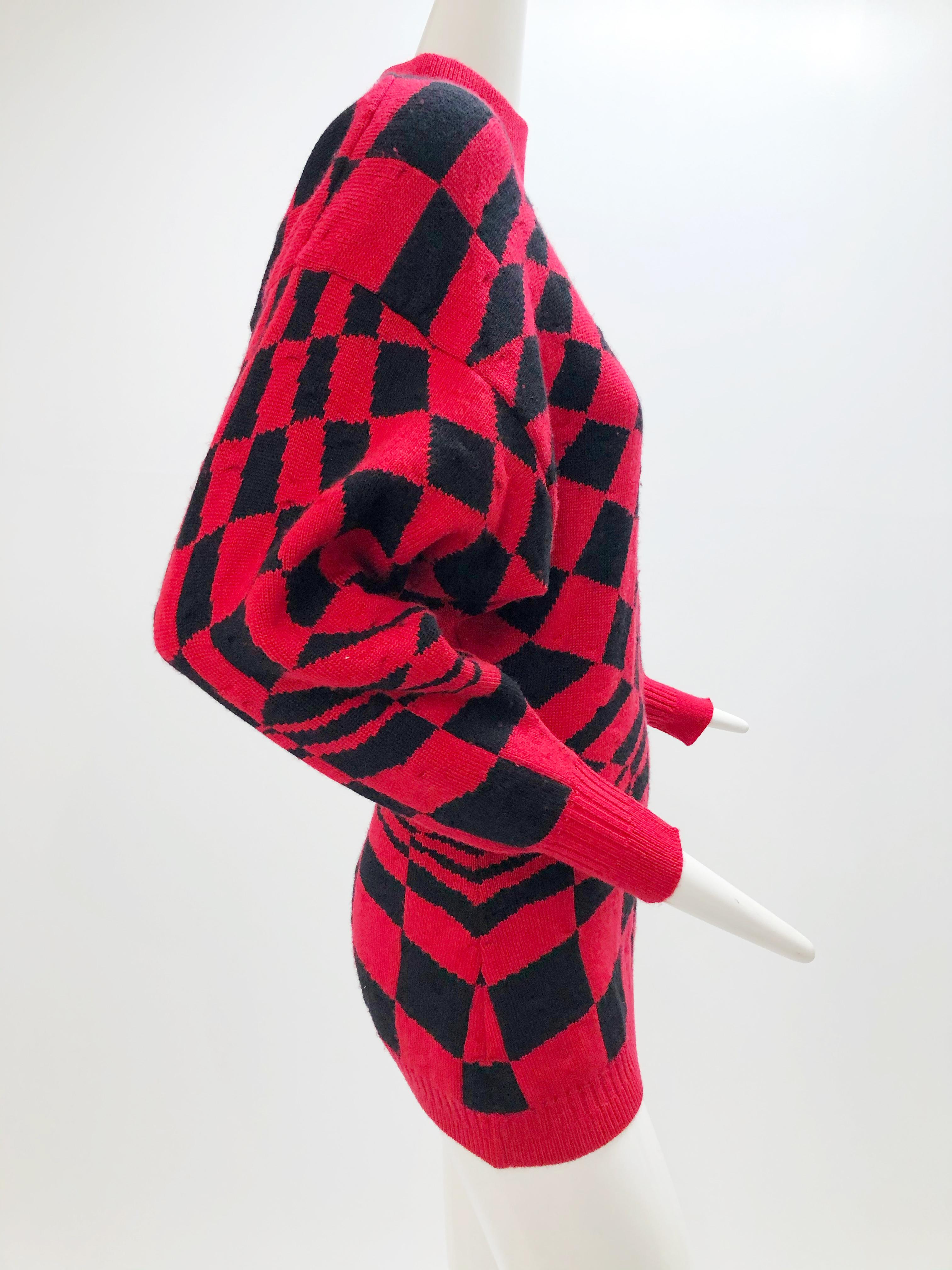 1980s Gianni Versace 3-Piece Knit Skirt Sweater & Scarf in Mod Red Checkerboard In Excellent Condition In Gresham, OR