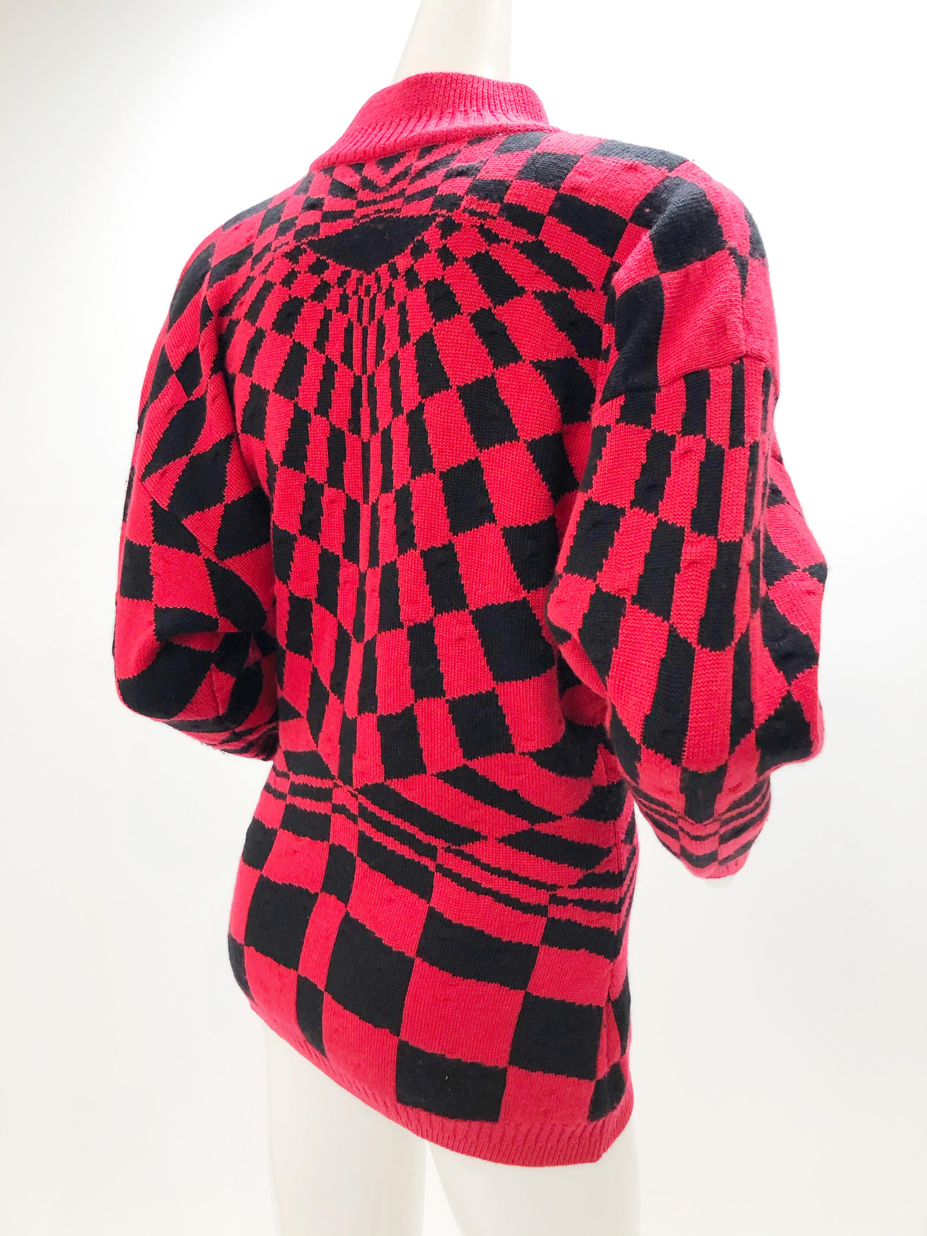 Women's 1980s Gianni Versace 3-Piece Knit Skirt Sweater & Scarf in Mod Red Checkerboard