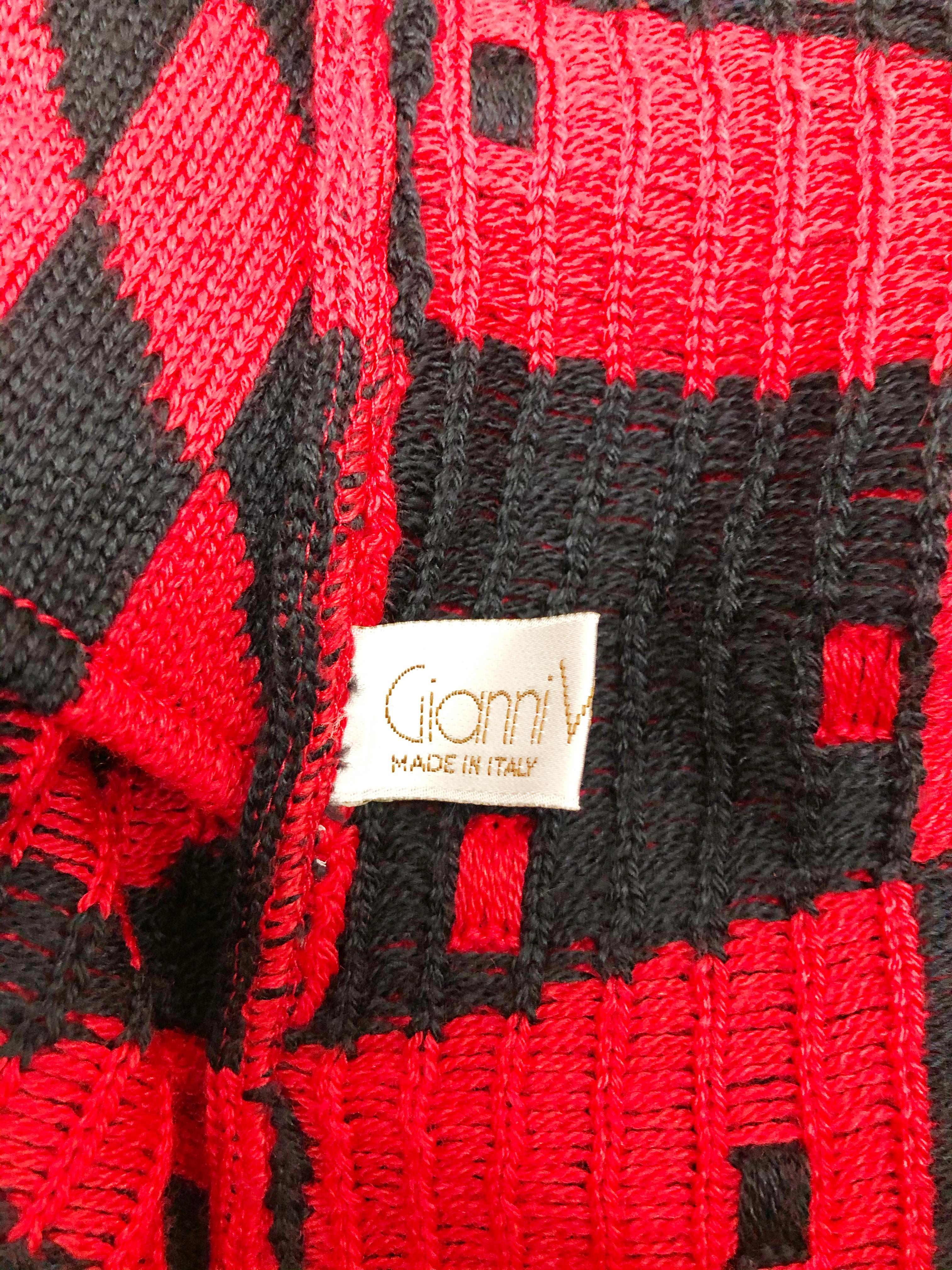 1980s Gianni Versace 3-Piece Knit Skirt Sweater & Scarf in Mod Red Checkerboard 6