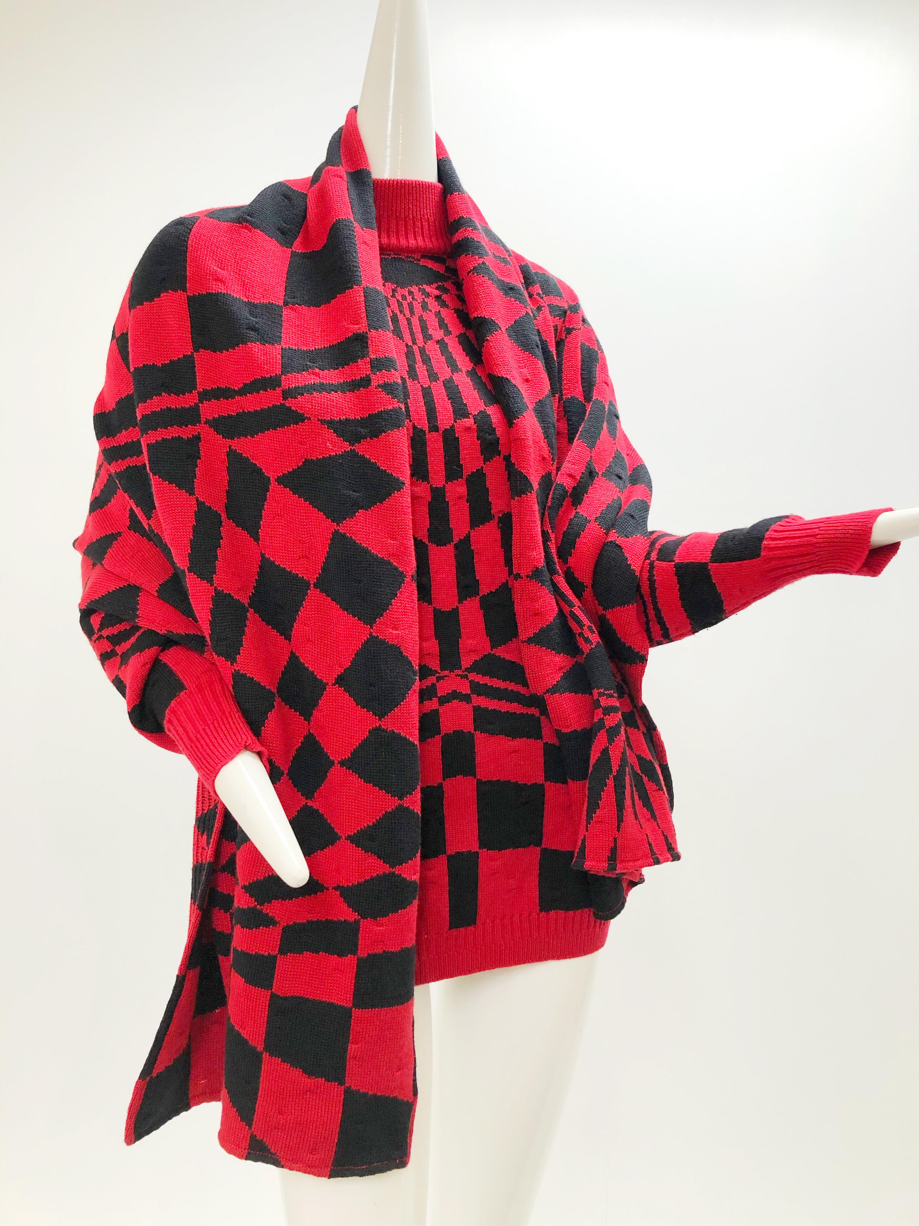 1980s Gianni Versace 3-Piece Knit Skirt Sweater & Scarf in Mod Red Checkerboard 2