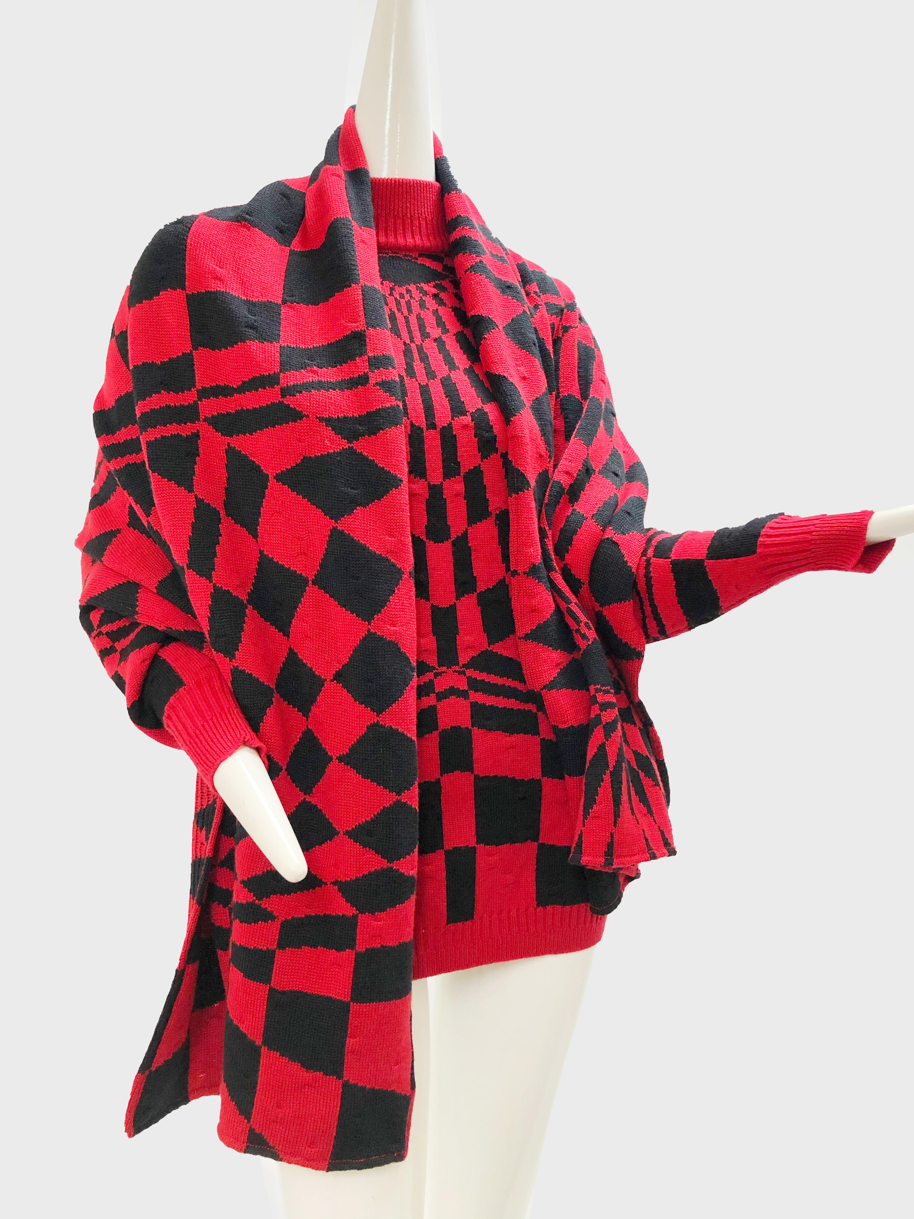A fabulous 1980s Gianni Versace 3-Piece knit ensemble:   Wavy-textured black knit skirt with a matching sweater and scarf in an undulating red and black checkerboard pattern. Makes a geometric optic art pattern. Fits a US size M/L. On your mark, get