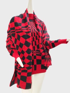 1980s Gianni Versace 3-Piece Knit Skirt Sweater & Scarf in Mod Red Checkerboard