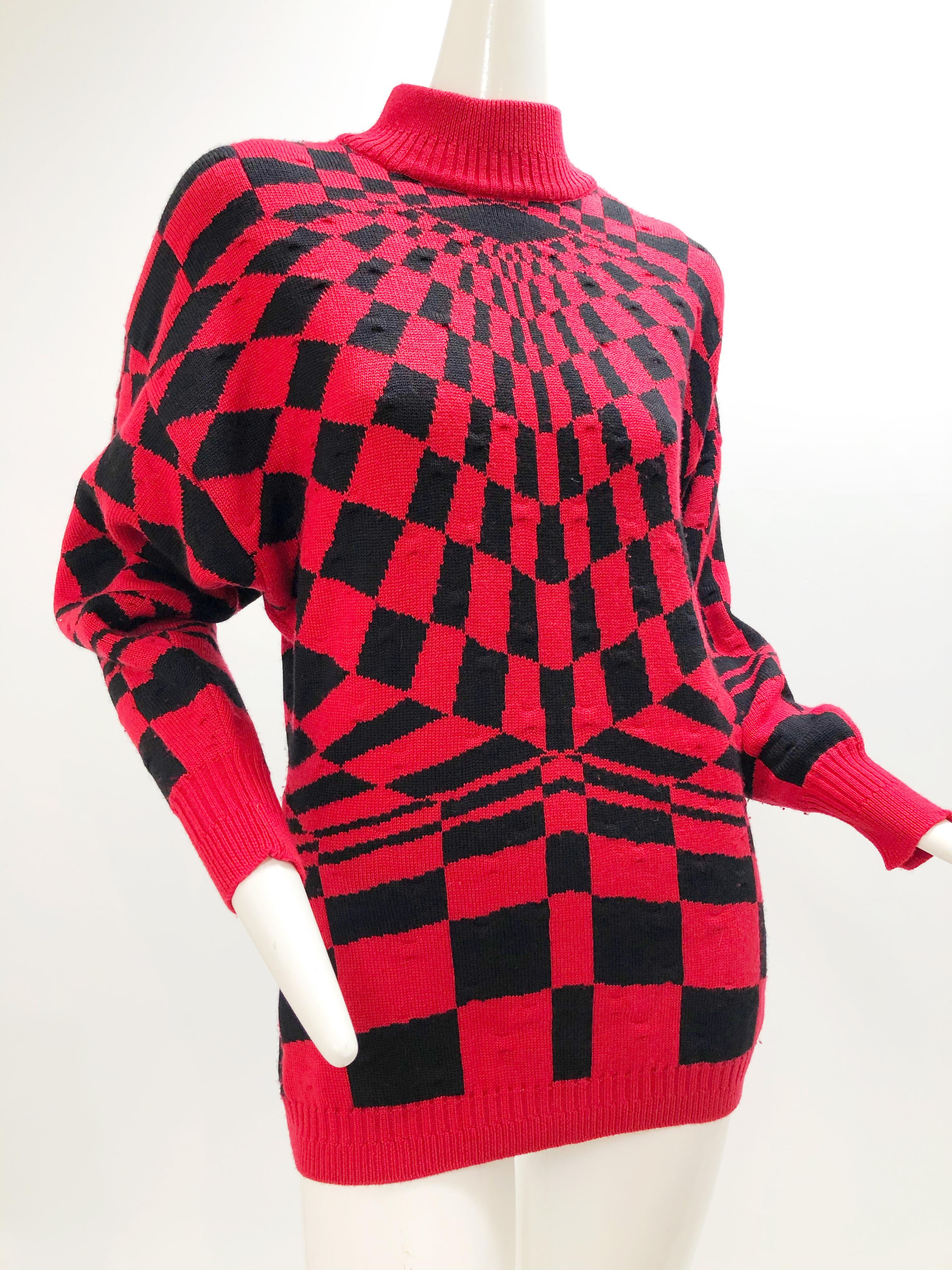 1980s Gianni Versace 3-Piece Knit Skirt Sweater & Scarf in Mod Red Checkerboard 5