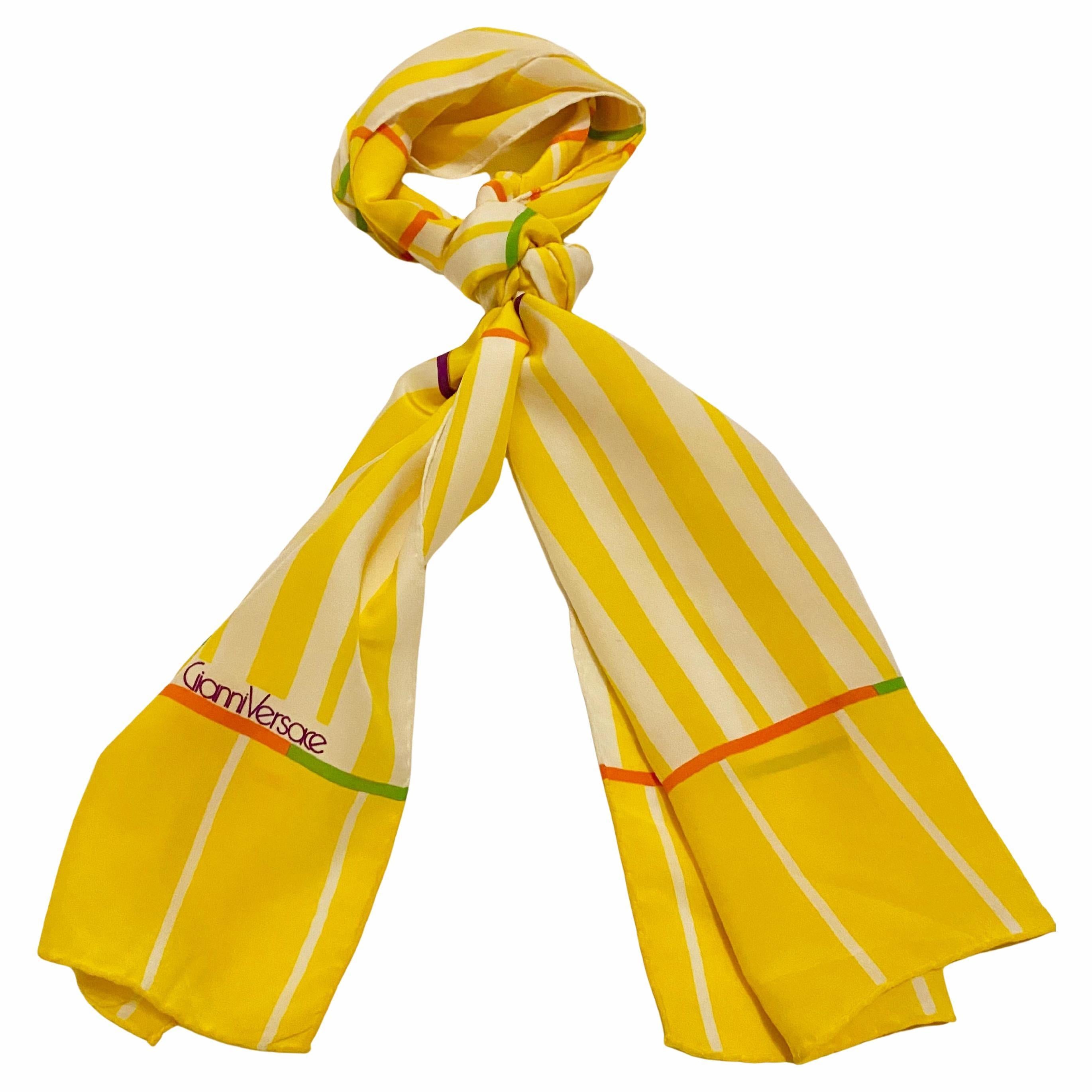1980s Gianni Versace Abstract Print Yellow Silk Long Scarf In Good Condition For Sale In London, GB