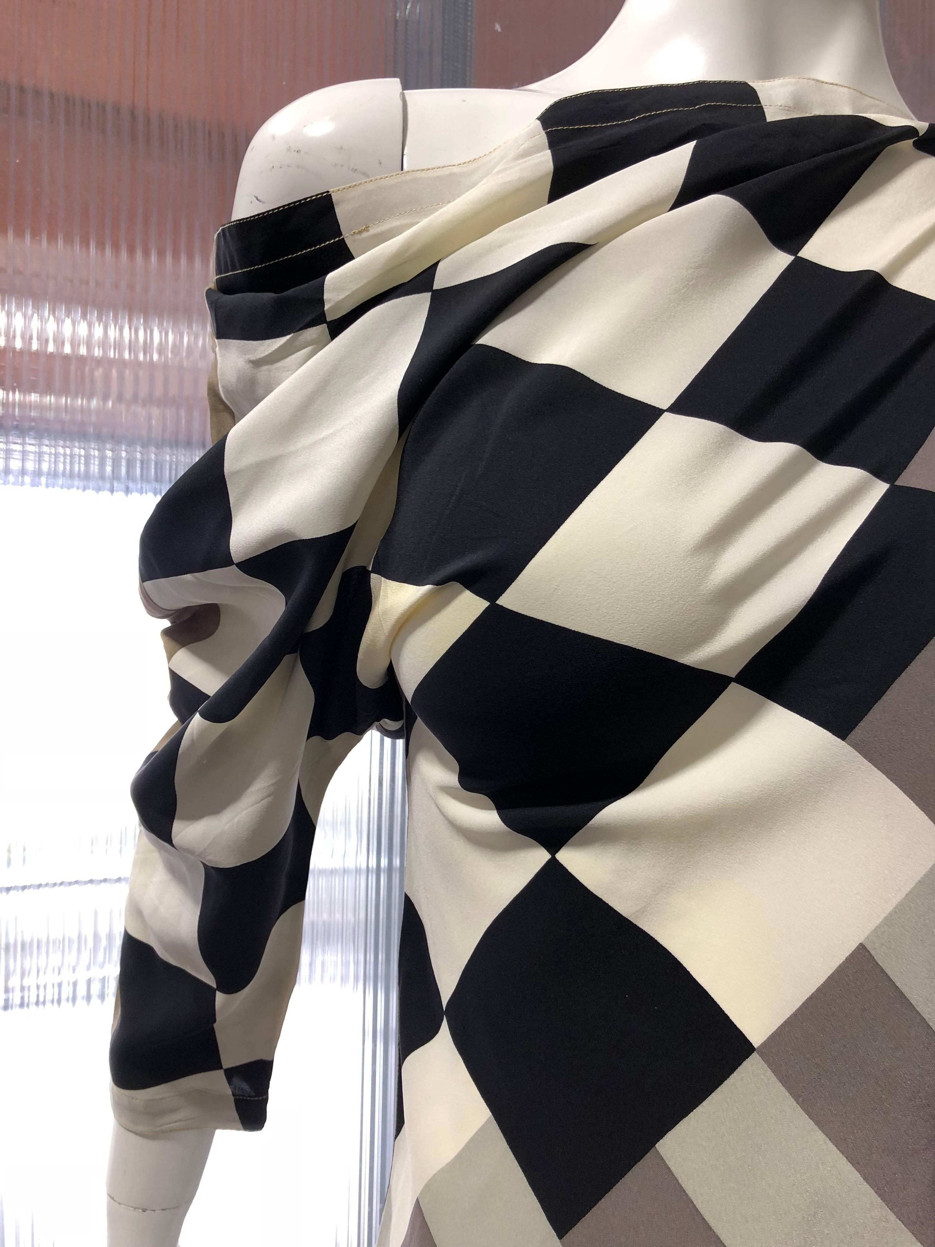 1980s Gianni Versace Black and White Checkered Off-The-Shoulder Silk Blouse  For Sale 1