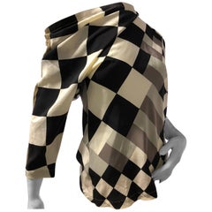 1980s Gianni Versace Black and White Checkered Off-The-Shoulder Silk Blouse