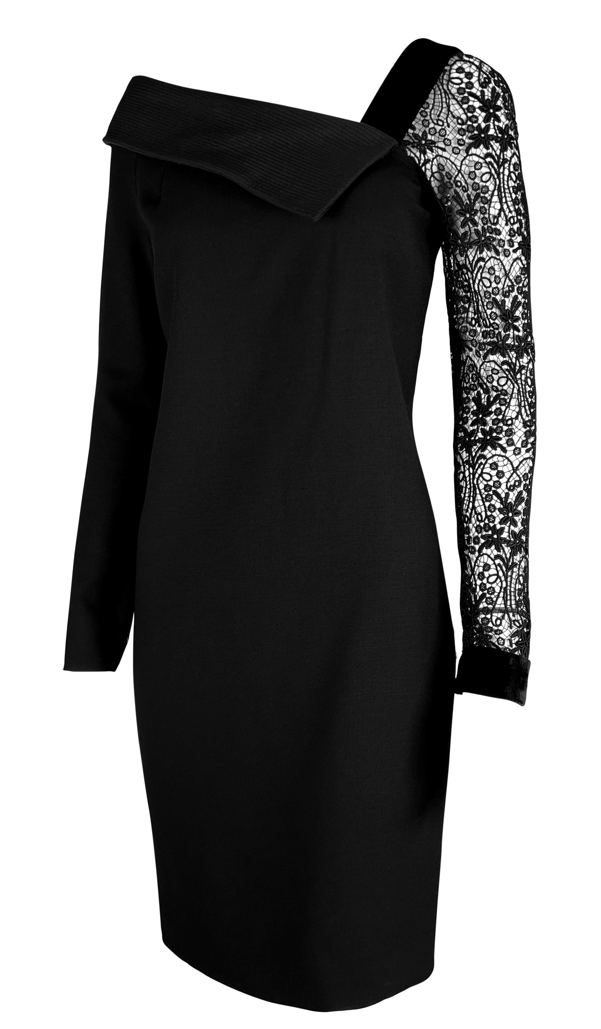 1980s Gianni Versace Black Asymmetric Lace Sleeve Cocktail Dress In Excellent Condition For Sale In West Hollywood, CA