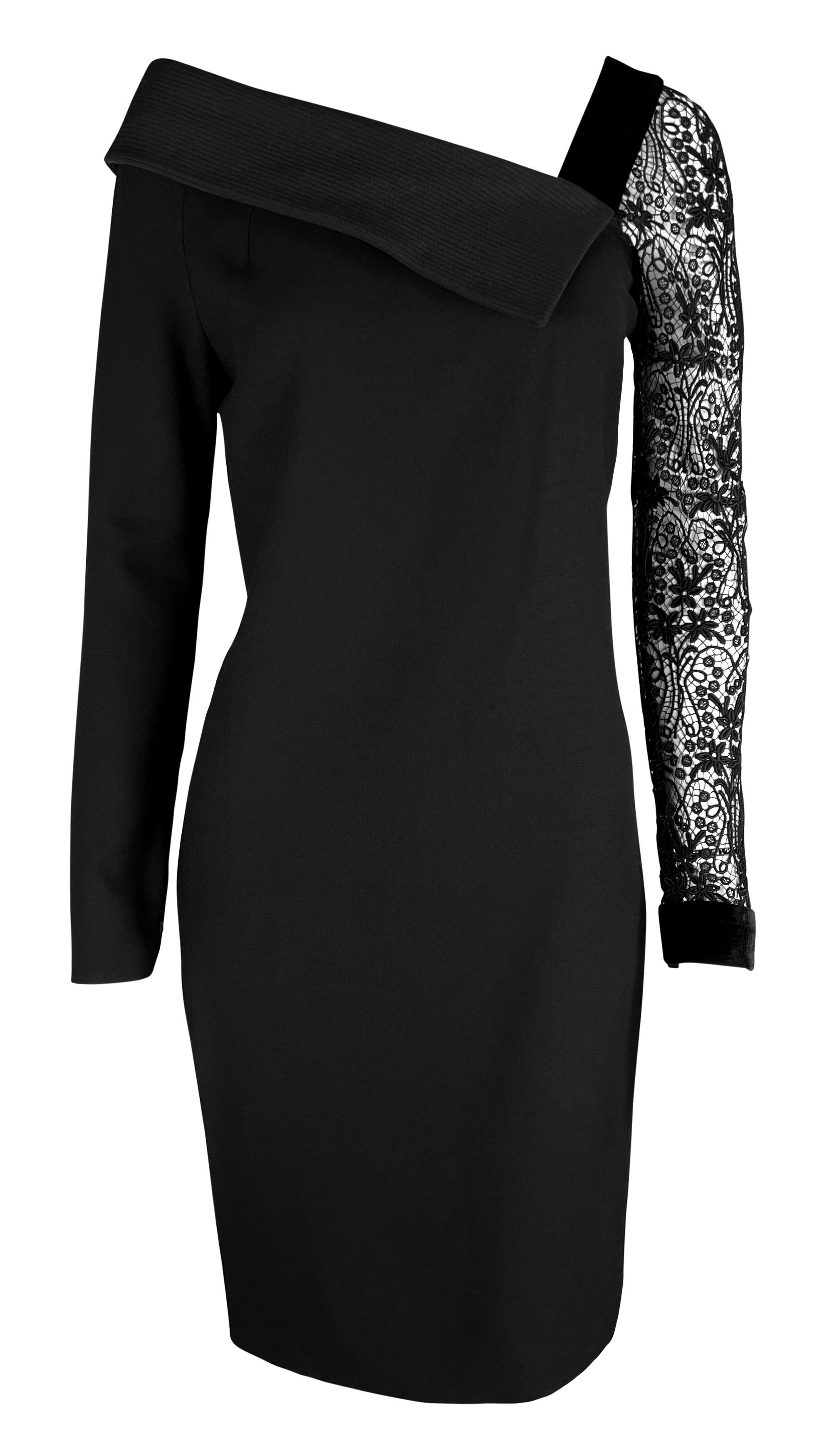Women's 1980s Gianni Versace Black Asymmetric Lace Sleeve Cocktail Dress For Sale