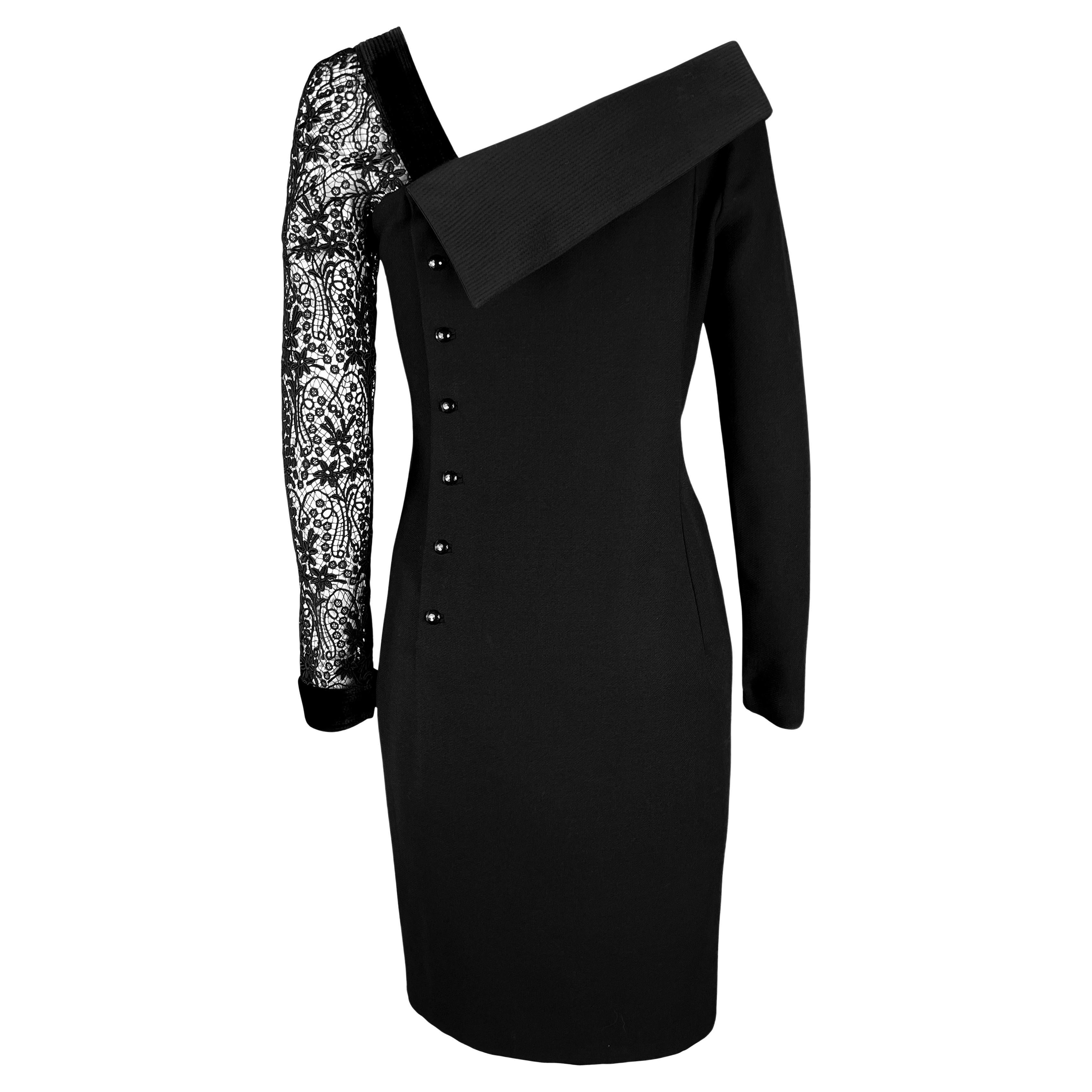 1980s Gianni Versace Black Asymmetric Lace Sleeve Cocktail Dress For Sale