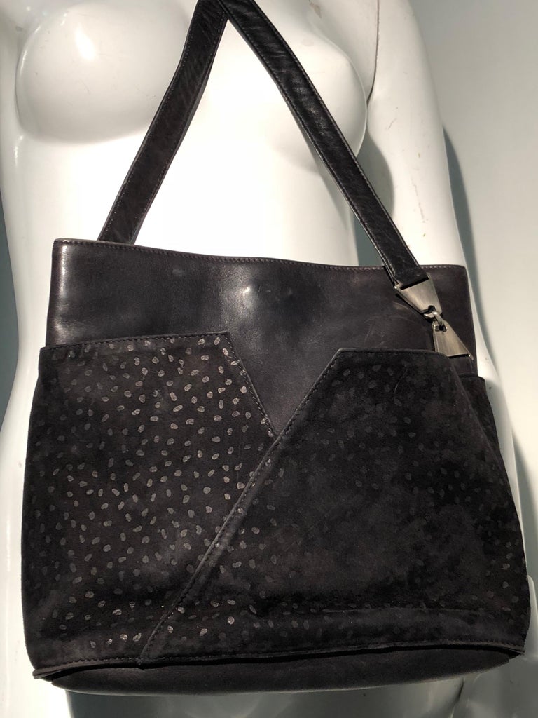 1980s Gianni Versace Black Leather and Suede Shoulder Bag W/ Peaked Side Pockets For Sale at 1stdibs
