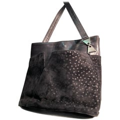Vintage 1980s Gianni Versace Black Leather & Suede Shoulder Bag W/ Peaked Side Pockets
