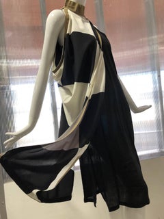 1980s Gianni Versace Black Linen Sheath Dress with Harlequin Print Silk Overlay