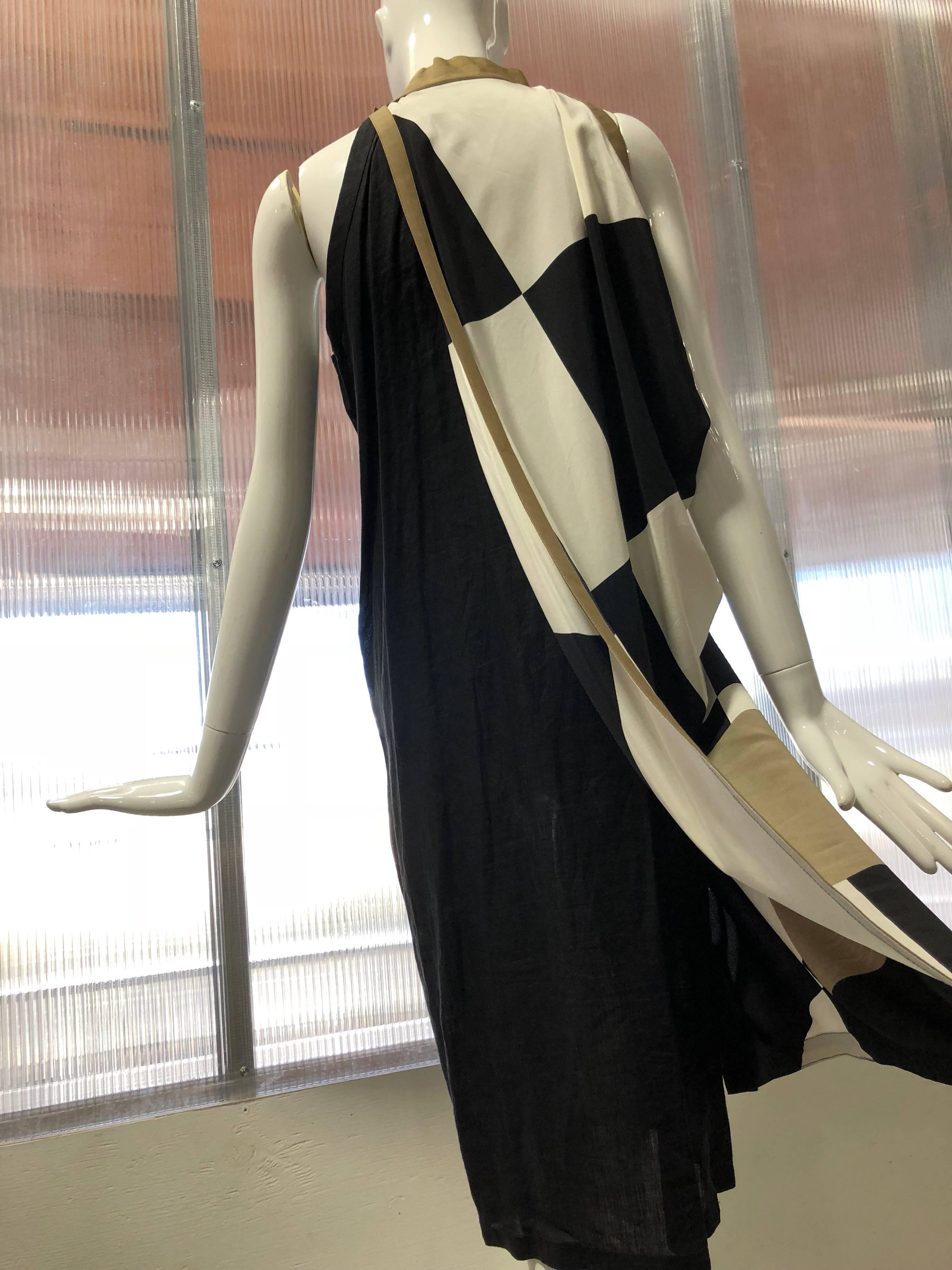 1980s Gianni Versace Black Linen Sheath Dress with Harlequin Print Silk Overlay 1