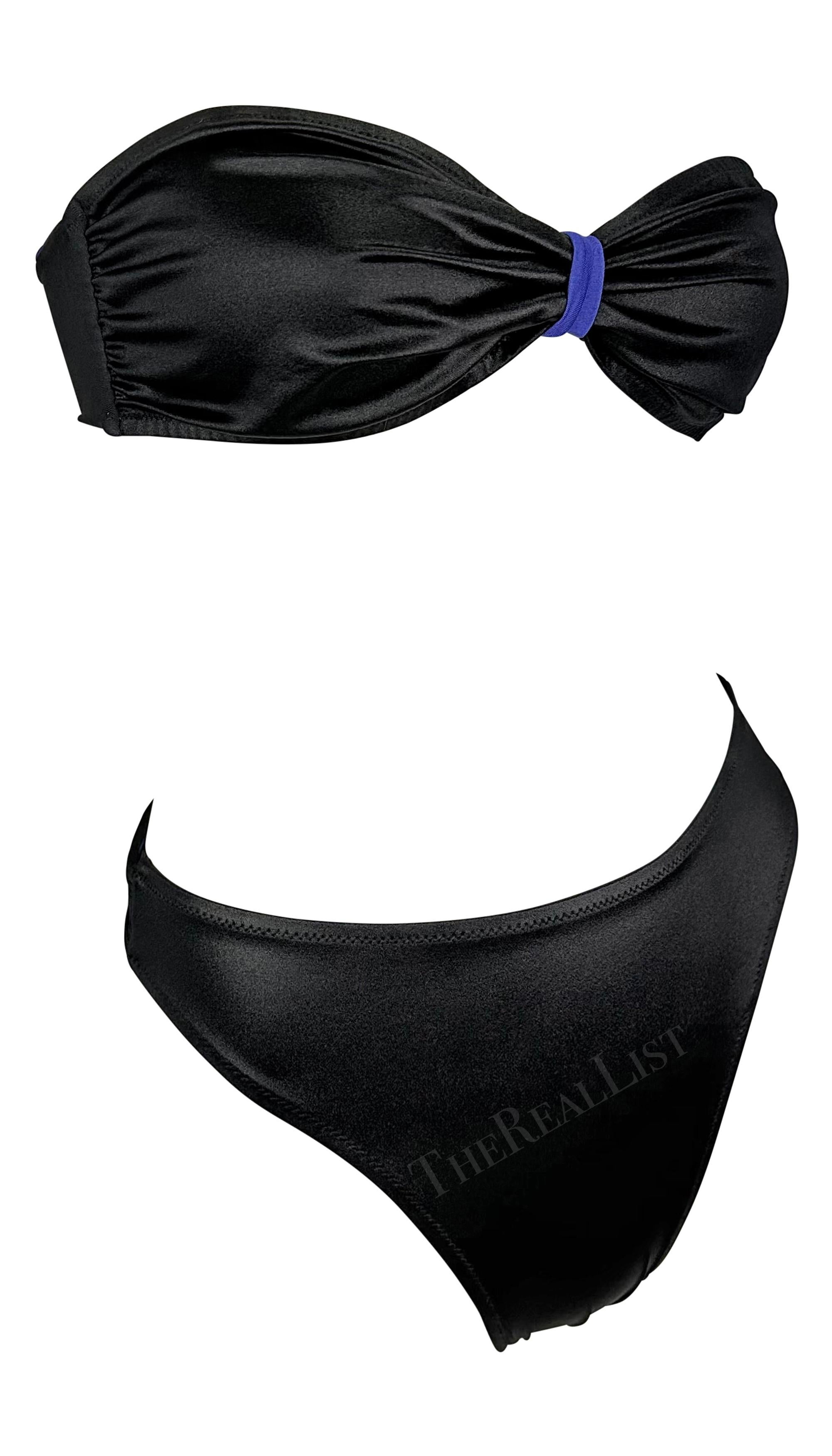 1980s Gianni Versace Blue Black Wrap Tie Strapless Two-Piece Bikini Swimsuit For Sale 1