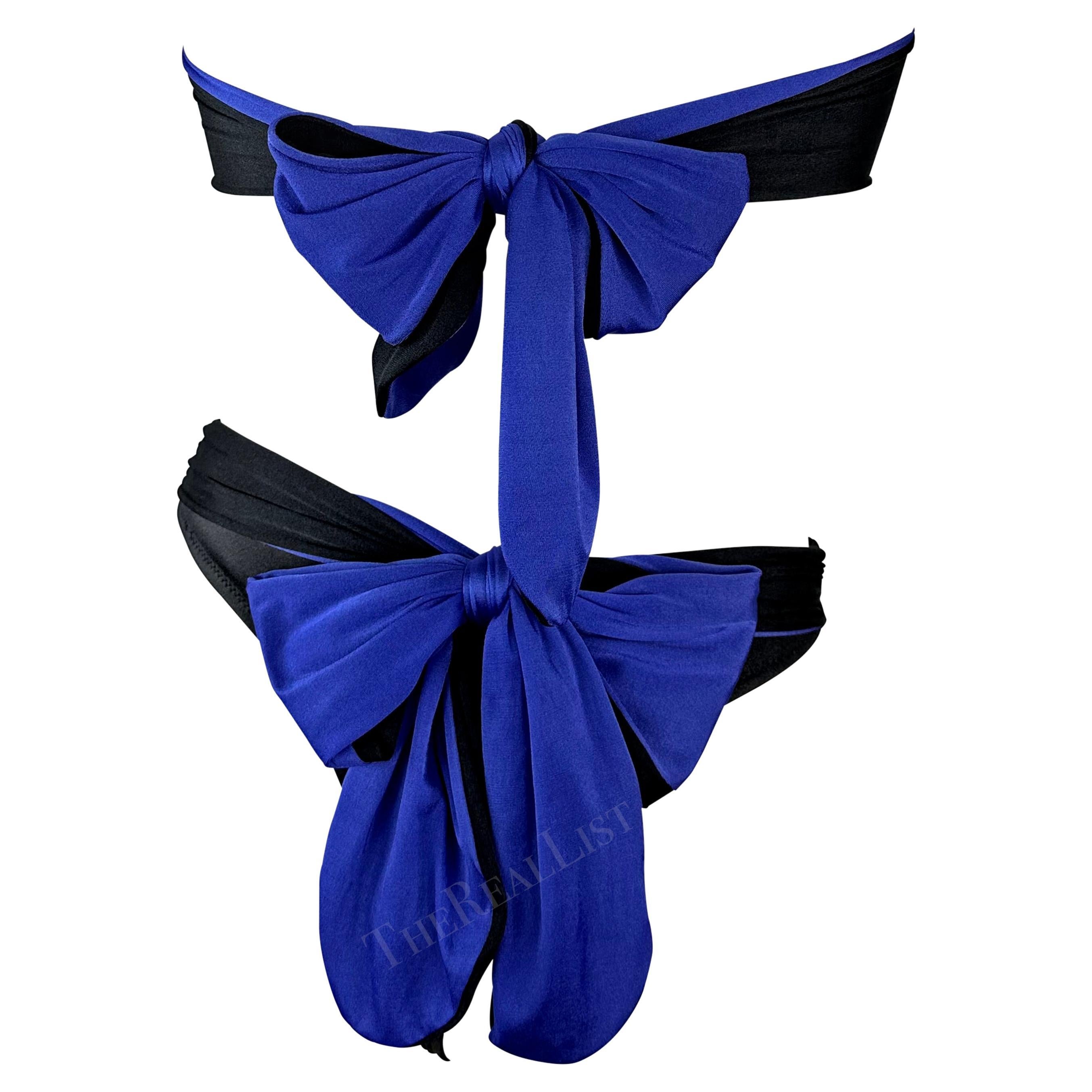 1980s Gianni Versace Blue Black Wrap Tie Strapless Two-Piece Bikini Swimsuit For Sale