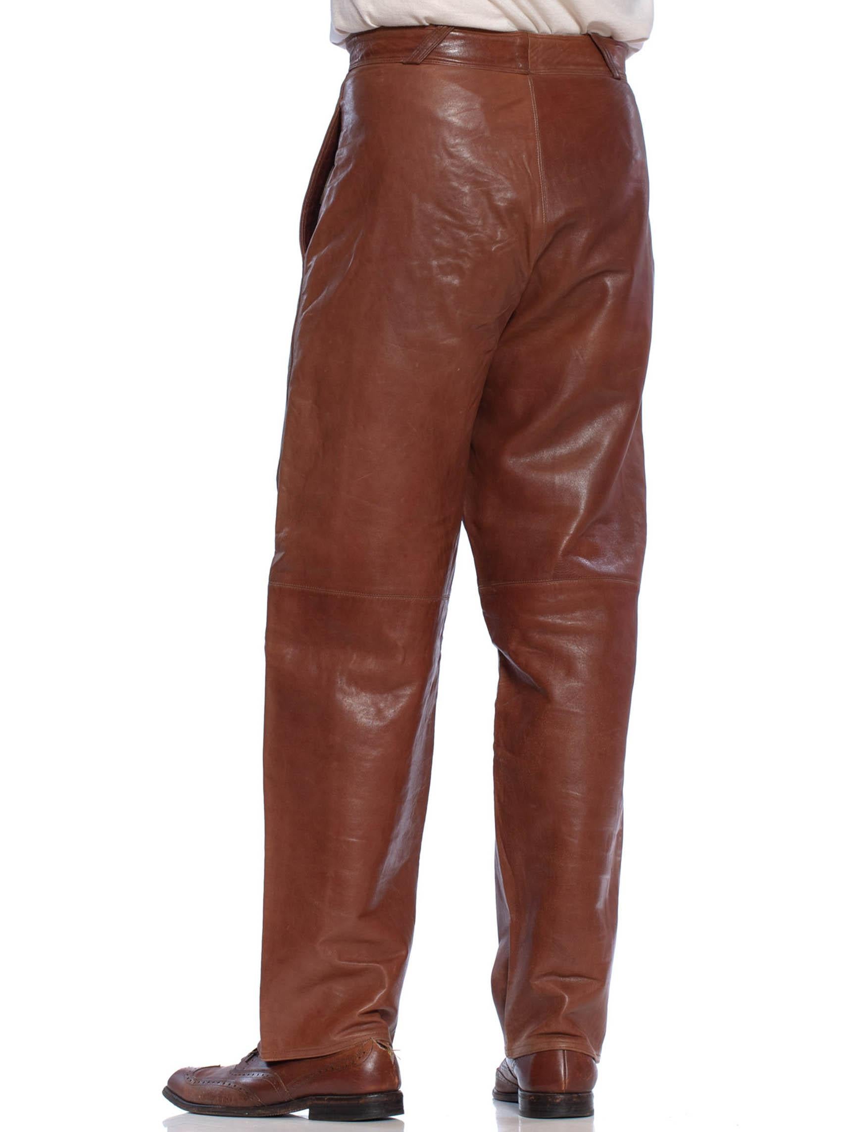 1980'S GIANNI VERSACE Brown Leather Men's High Waist Pants In Excellent Condition In New York, NY