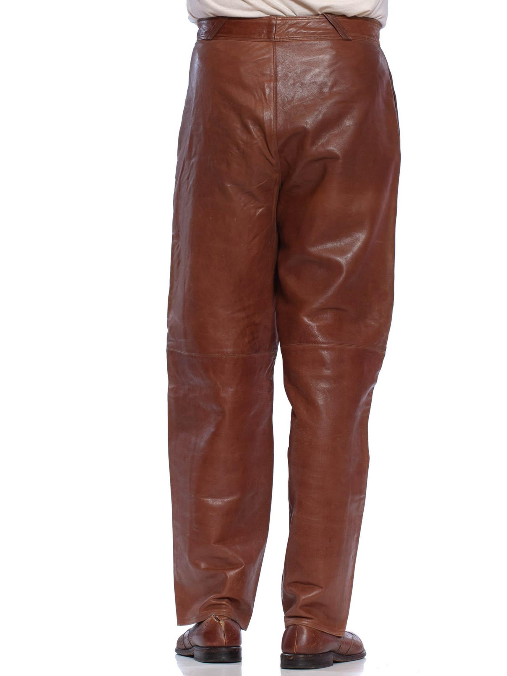 1980'S GIANNI VERSACE Brown Leather Men's High Waist Pants 1