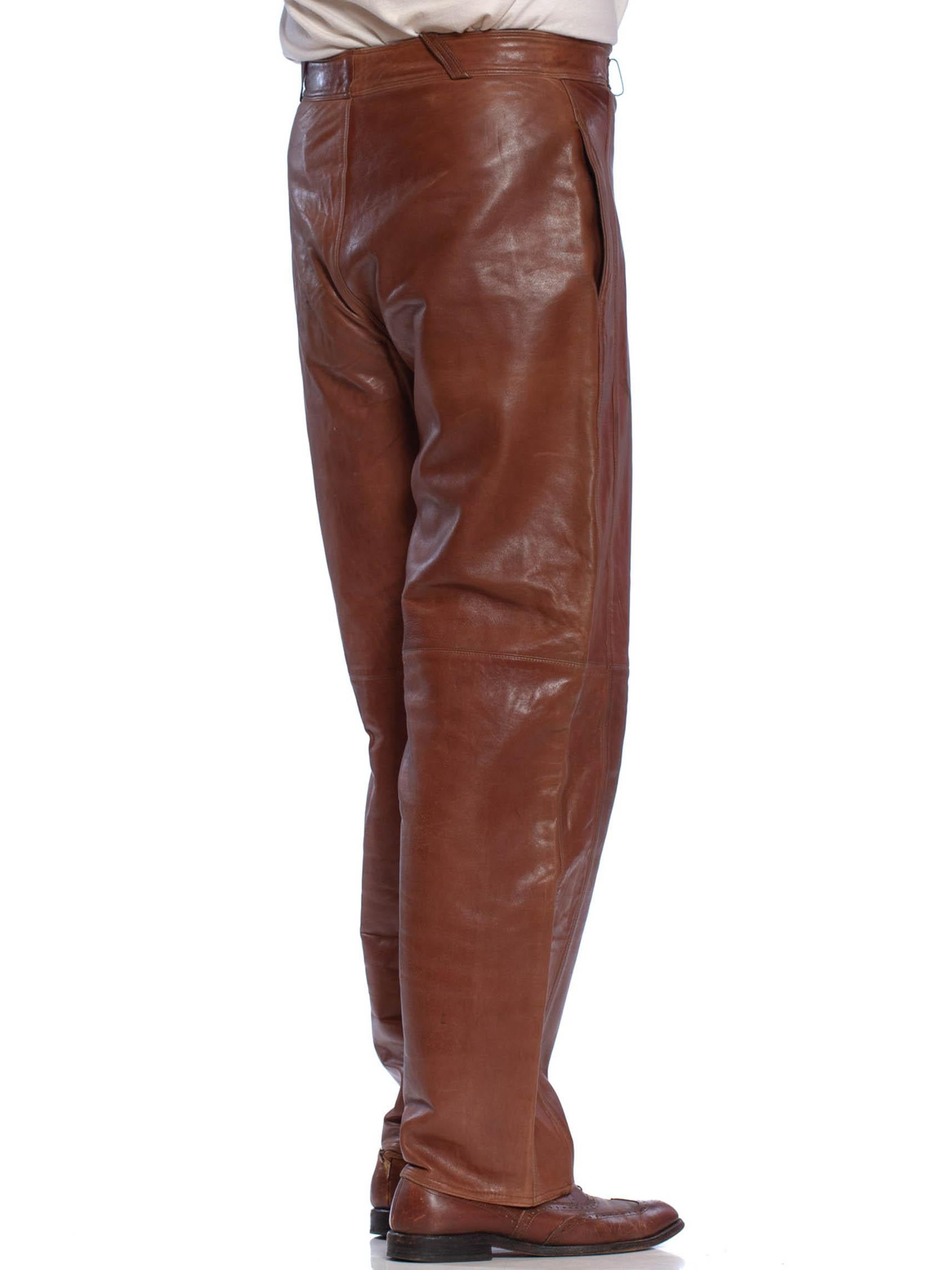 1980'S GIANNI VERSACE Brown Leather Men's High Waist Pants 2