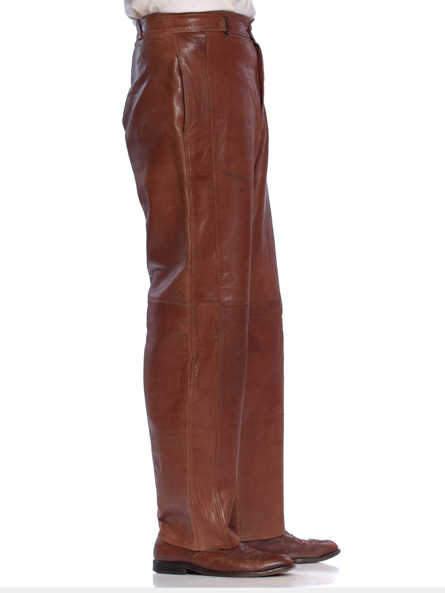 1980'S GIANNI VERSACE Brown Leather Men's High Waist Pants 3