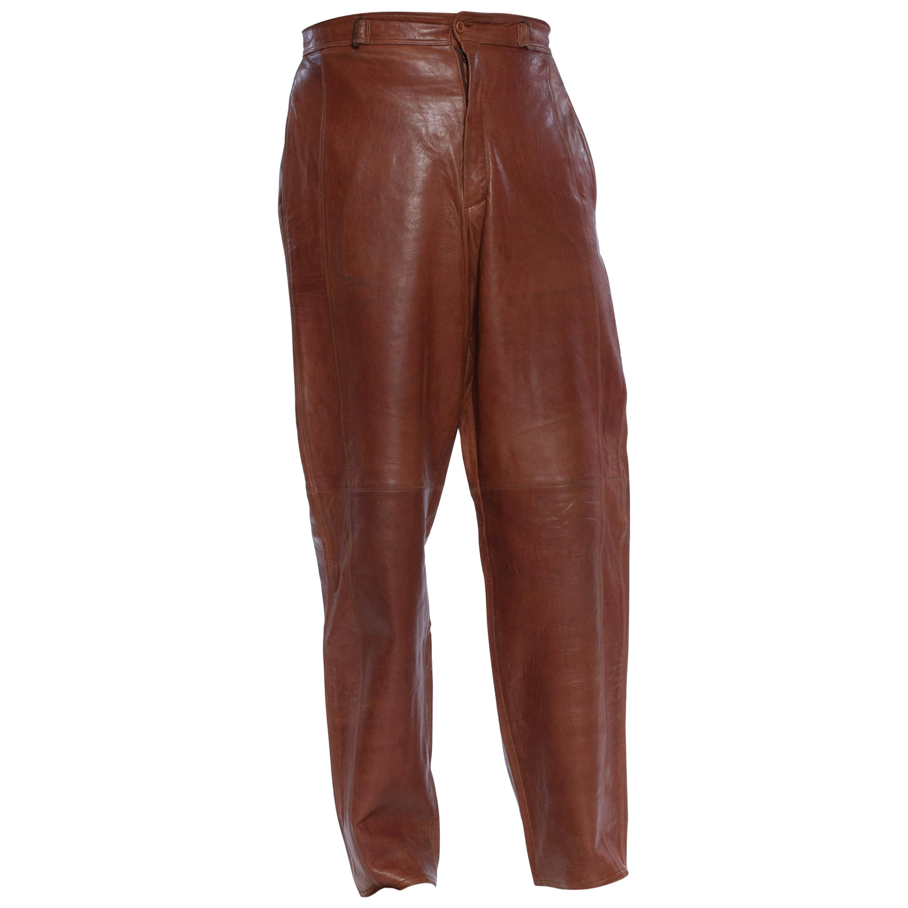 1980'S GIANNI VERSACE Brown Leather Men's High Waist Pants