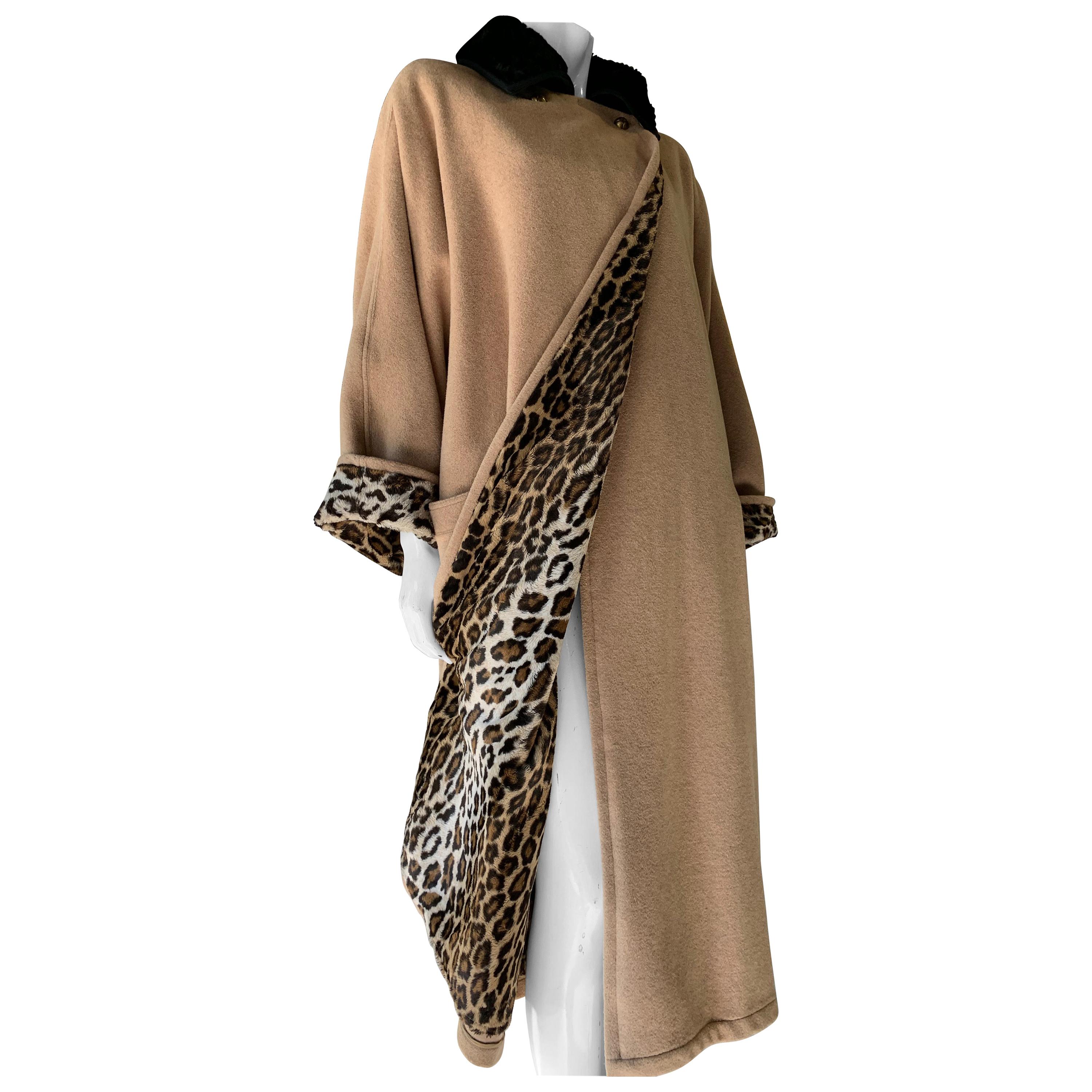 1980s Gianni Versace Camel Cashmere Overcoat W/ Faux Leopard Lining For Sale