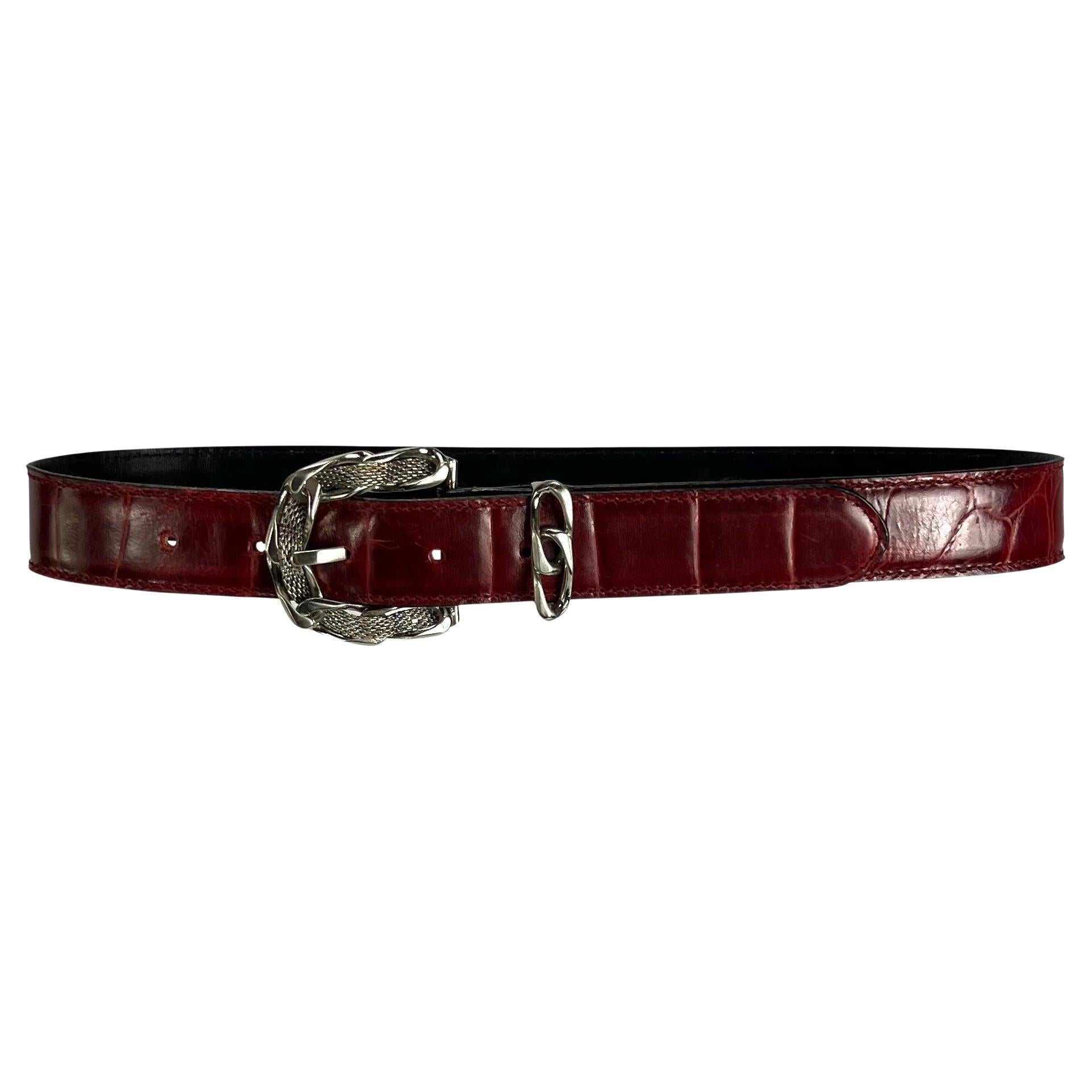 1980s Gianni Versace Chain Buckle Red Crocodile Embossed Leather Belt For Sale