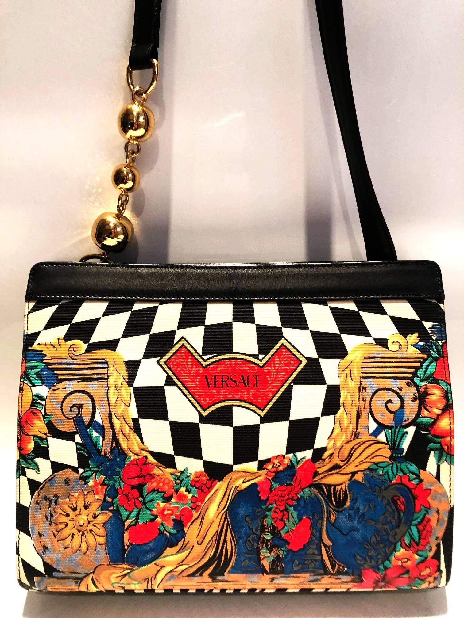 Black 1980s Gianni Versace Checkered Flower Print Shoulder Bag