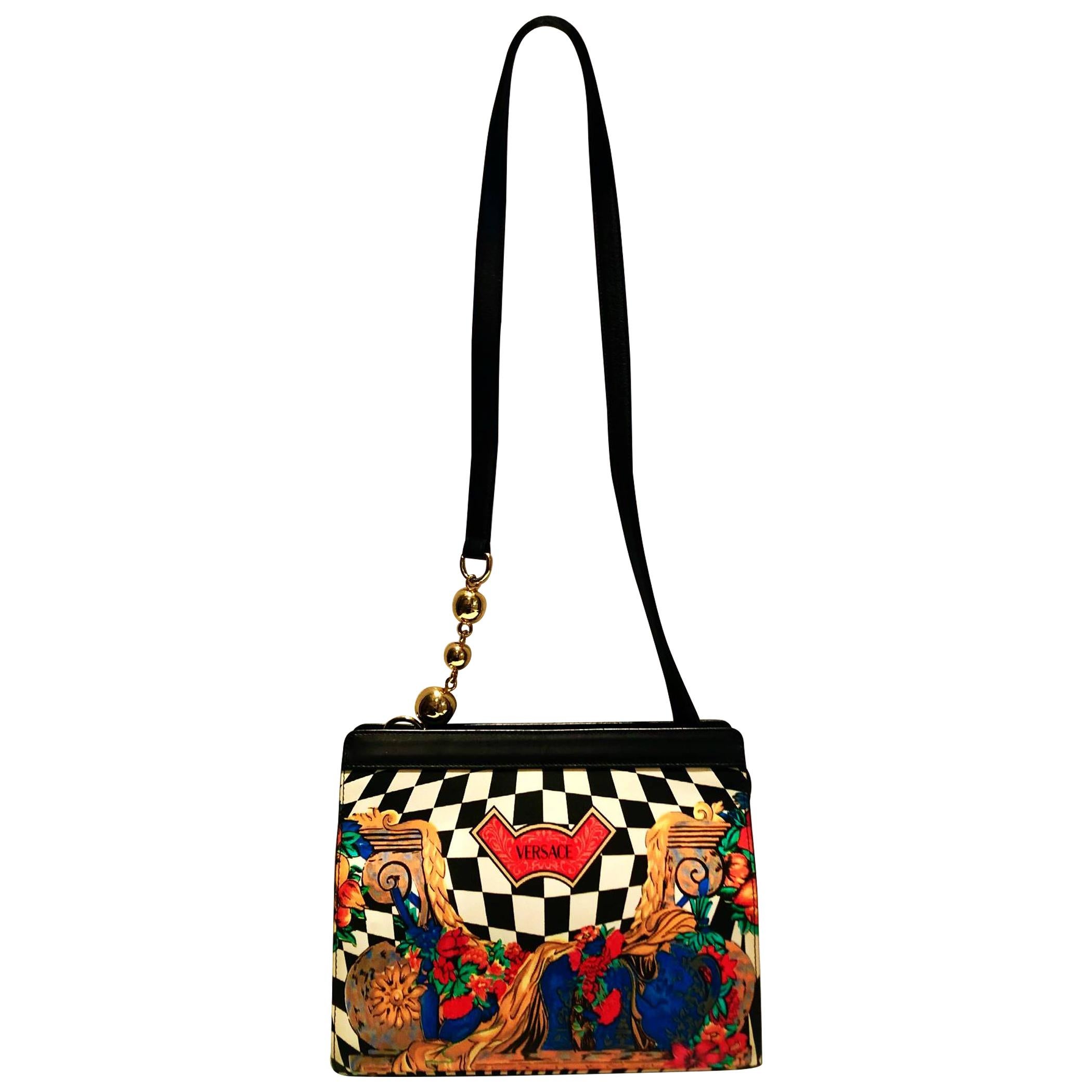 1980s Gianni Versace Checkered Flower Print Shoulder Bag