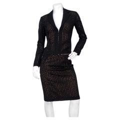 1980s Gianni Versace Couture Black & Baby Pink Eyelet Blazer & Skirt Suit Set