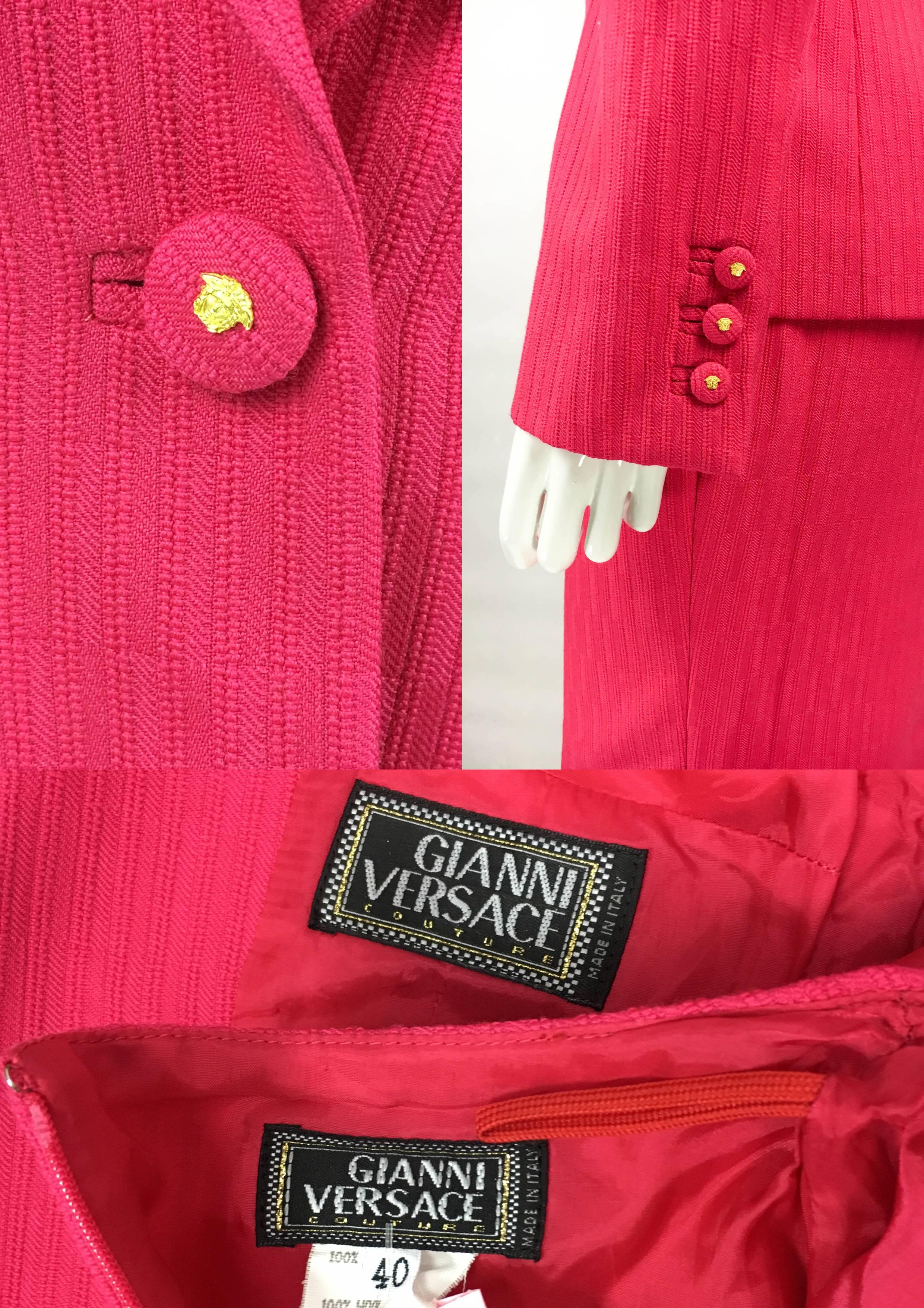 1980's Gianni Versace Couture Shocking Pink Wool Skirt Suit 6